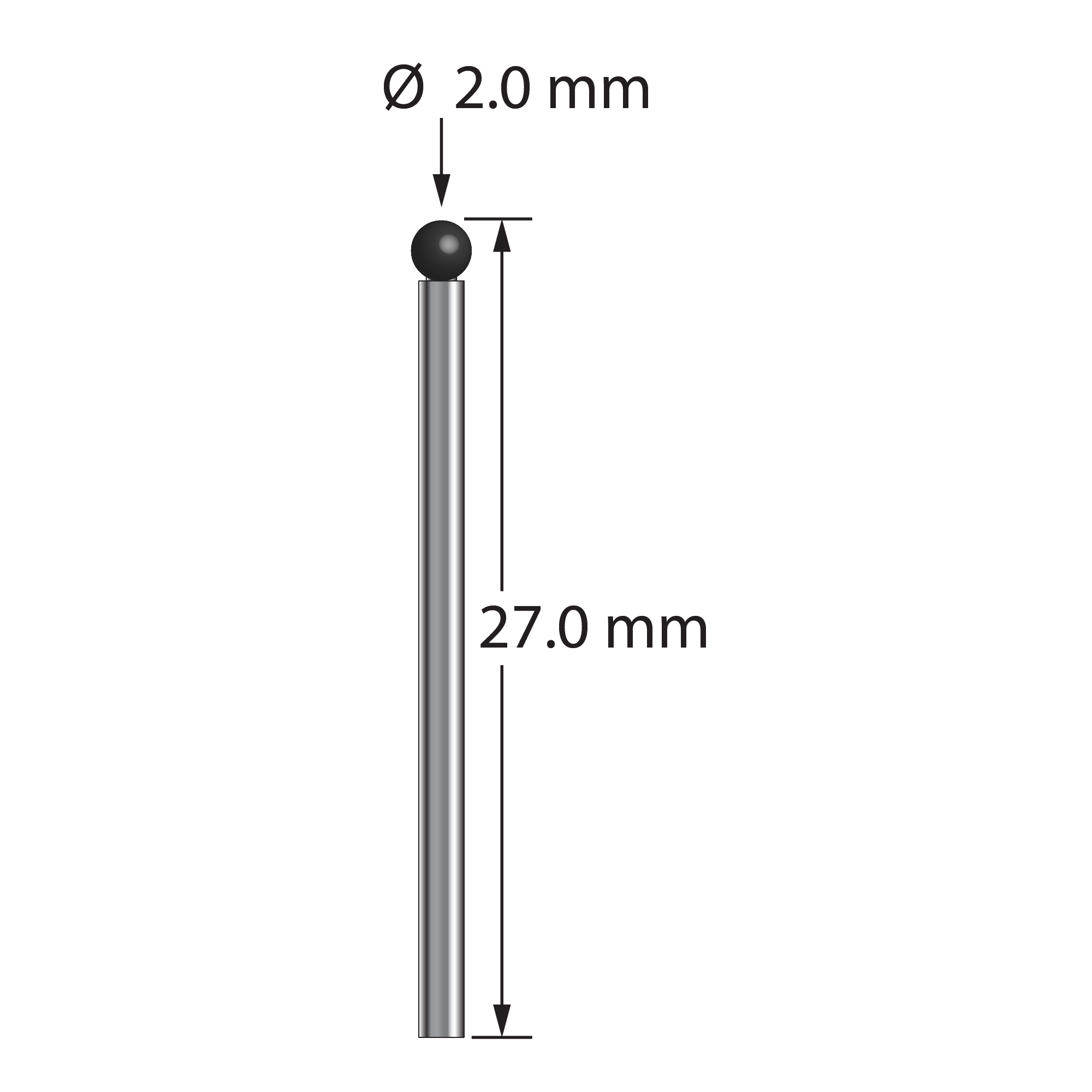 TST-2027-SN unthreaded stylus with 2.0mm silicon nitride ball and carbide stem, 27.0mm long.