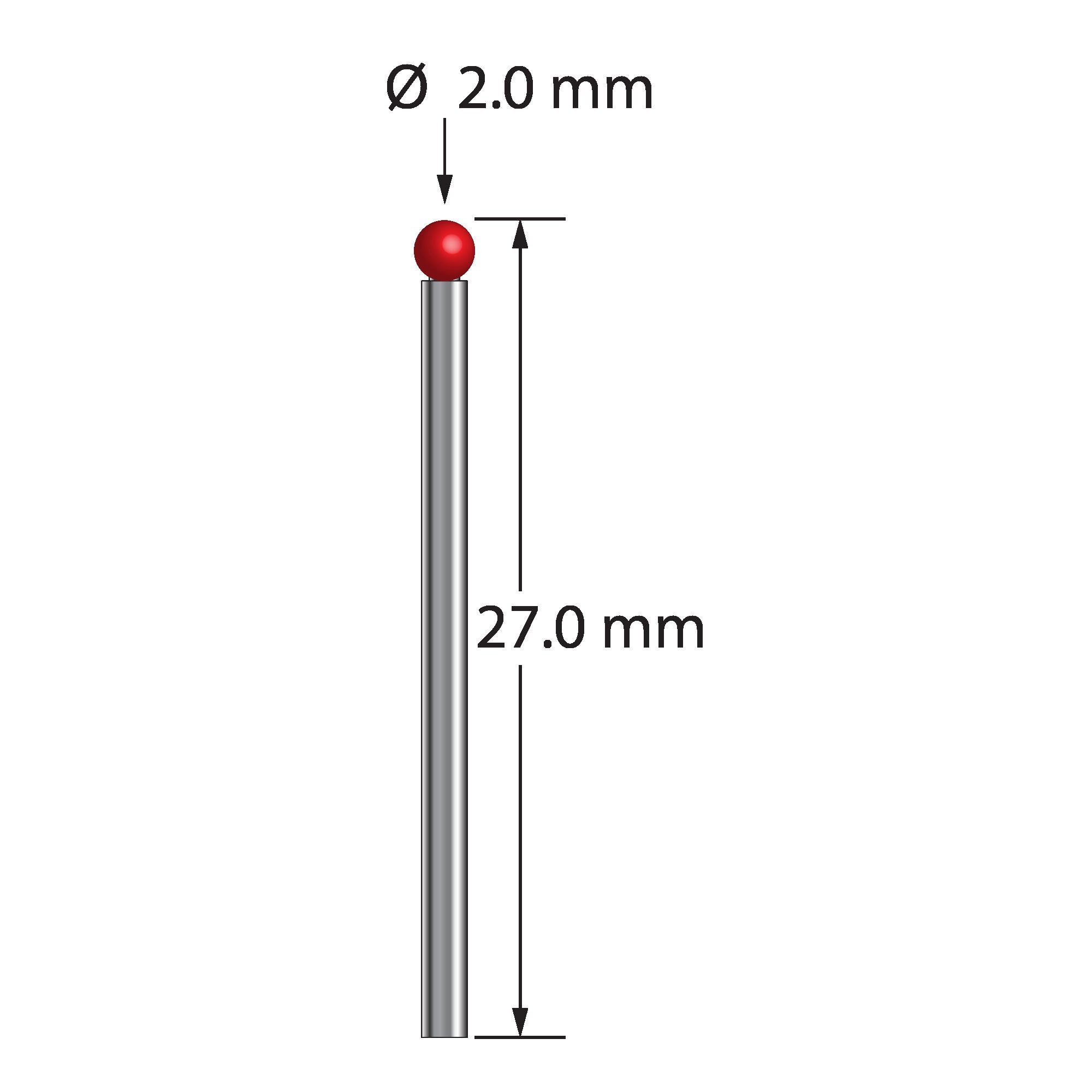 TST-2027 unthreaded stylus with 2.0mm ruby ball, 1.5mm carbide stem, 25.0mm length by Q-Mark Manufacturing, Inc.