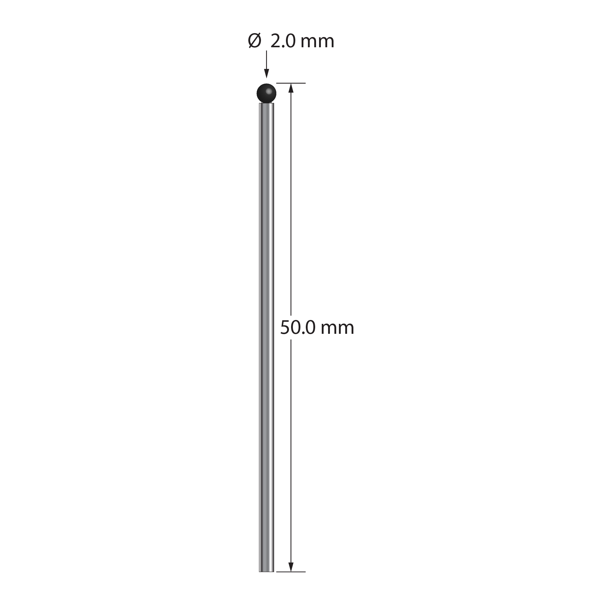 TST-2050-SN unthreaded stylus with 2.0mm silicon nitride ball and carbide stem, 40.0mm long by Q-Mark Manufacturing, Inc.