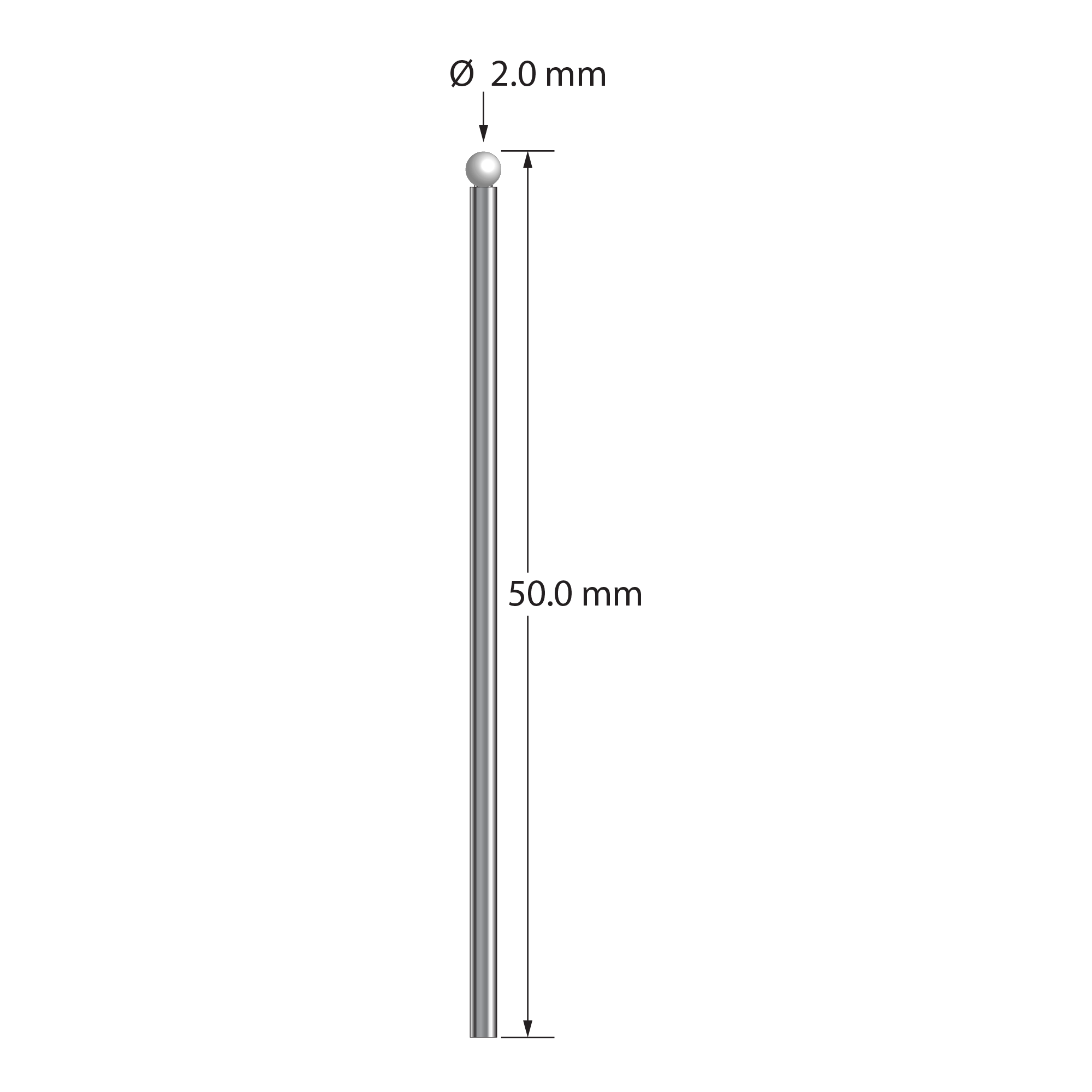 TST-2050-Z stylus with 2.0mm zirconia ball and carbide stem, 50.0mm long, by Q-Mark Manufacturing, Inc.