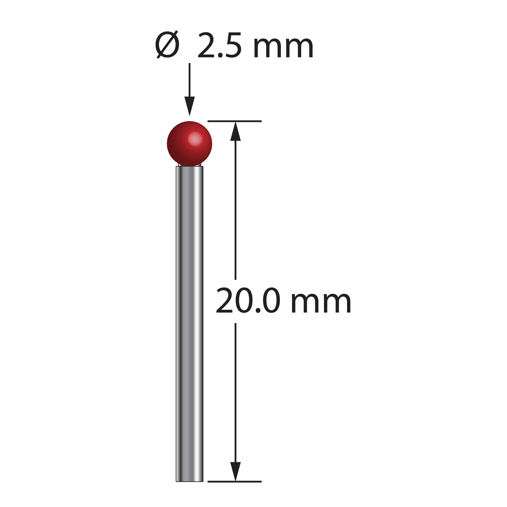 TST-2520 unthreaded stylus with 2.5mm ruby ball, 1.5mm carbide stem, 20.0mm length by Q-Mark Manufacturing, Inc.