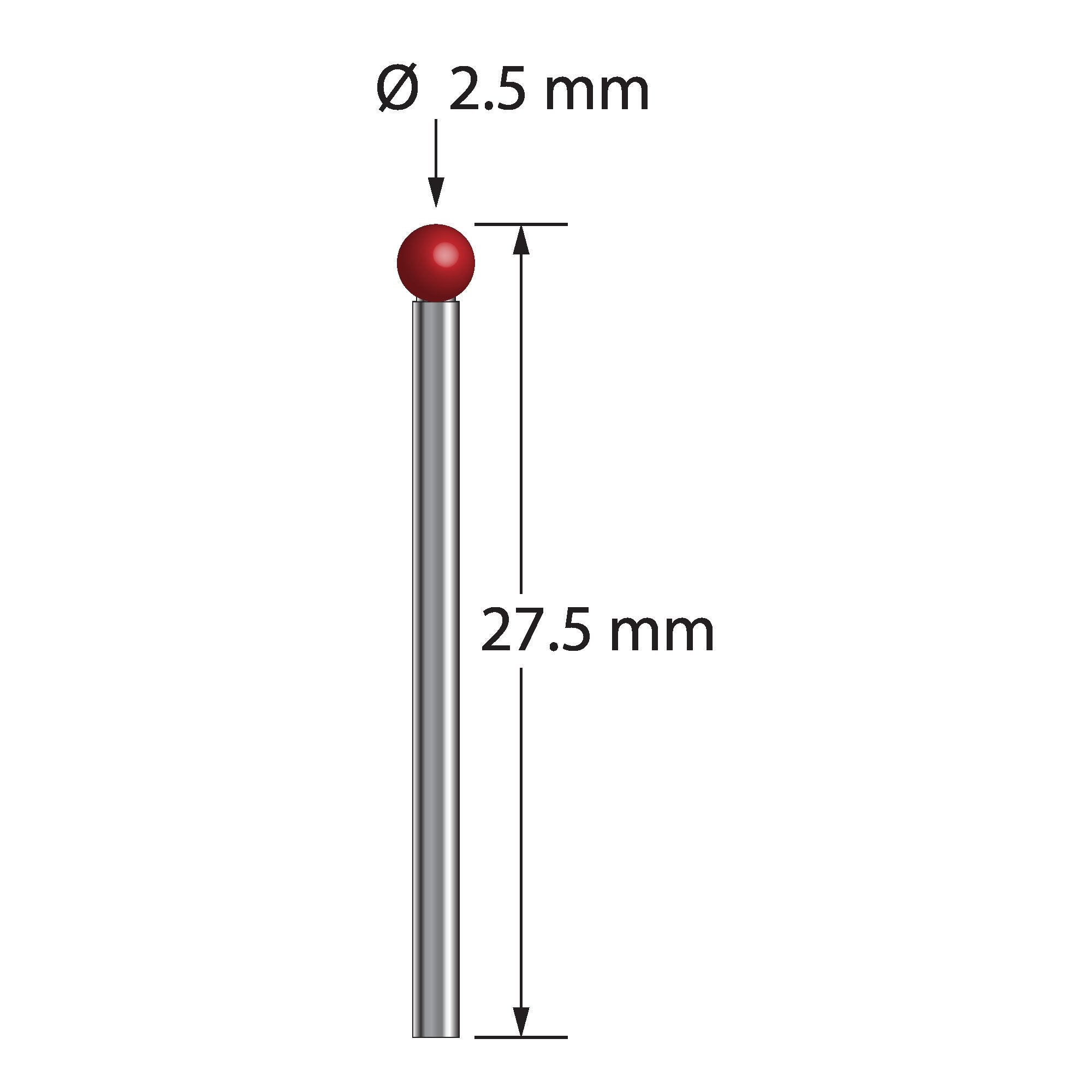 TST-2527.5 unthreaded stylus with 2.5mm ruby ball, carbide stem, 27.5mm length by Q-Mark Manufacturing, Inc.