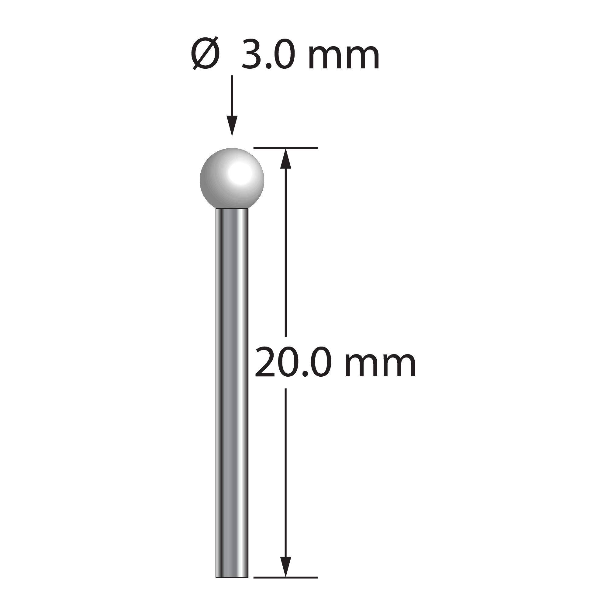 TST-3020-Z unthreaded stylus with 3.0mm zirconia ball, 1.5mm carbide stem, 30.0mm length by Q-Mark Manufacturing, Inc.