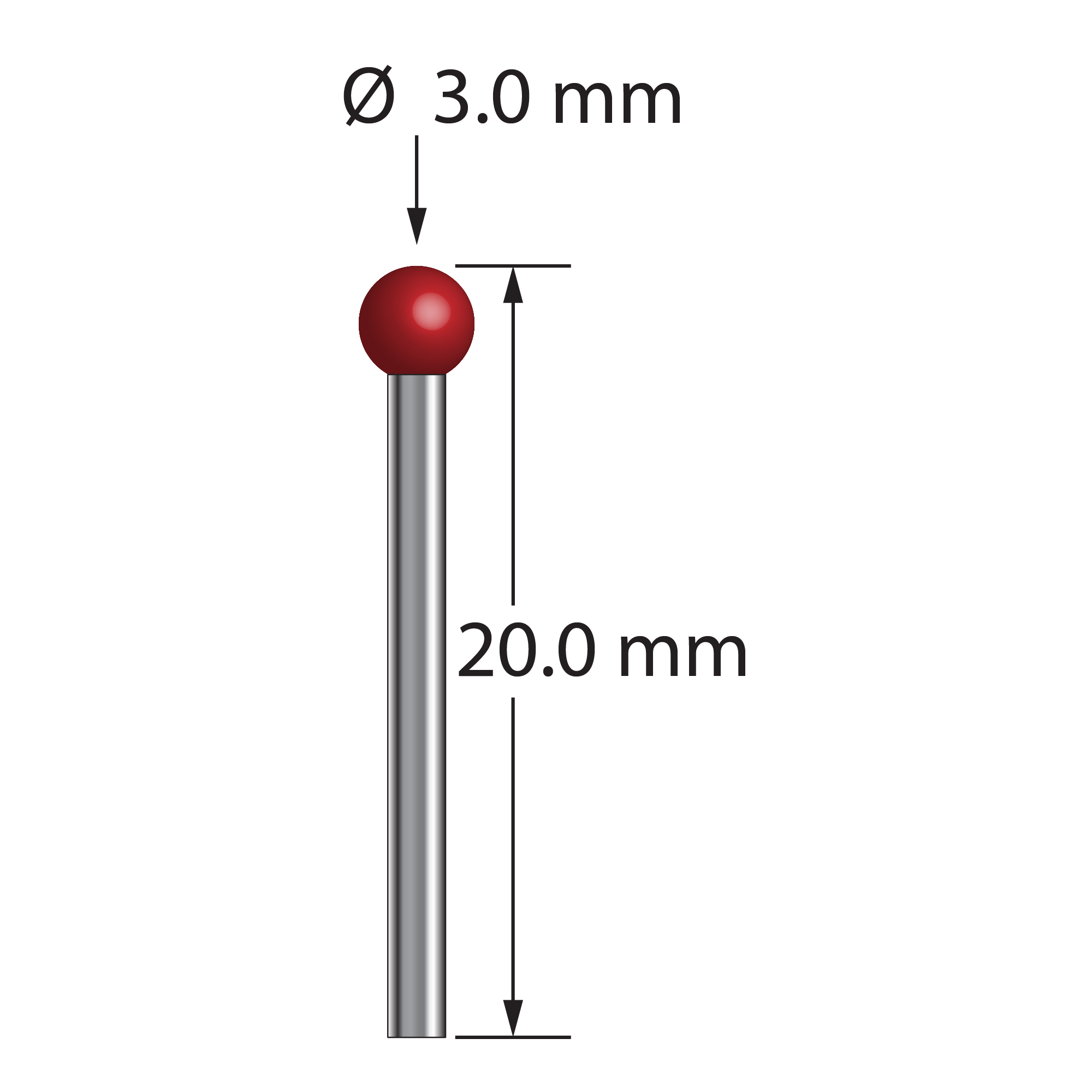 TST-3020 unthreaded stylus with 3.0mm ruby ball and 1.5mm carbide stem, 20.0mm length by Q-Mark Manufacturing, Inc.