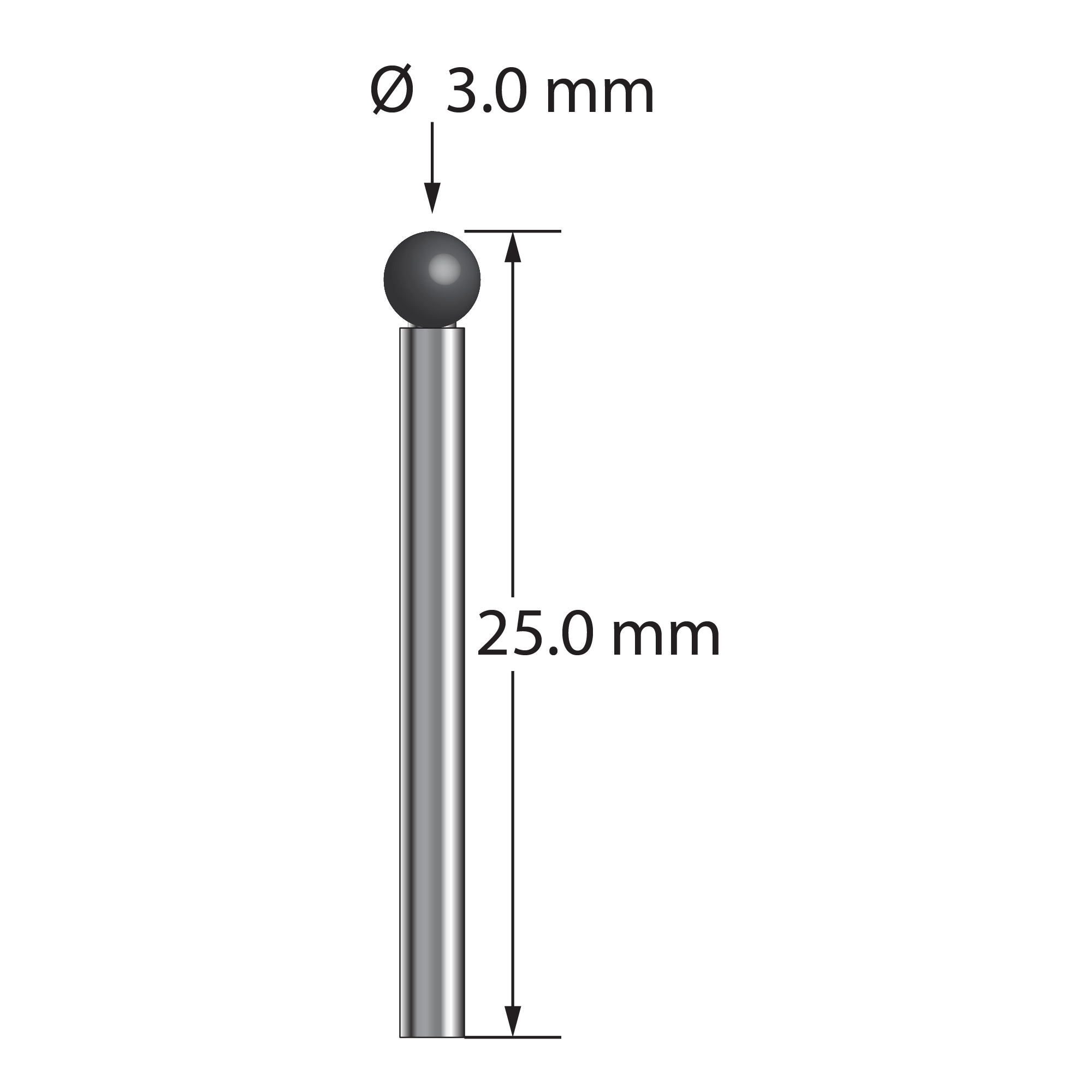 TST-3025-C unthreaded stylus with 3.0mm carbide ball and 2.0mm carbide stem, 25.0mm long.