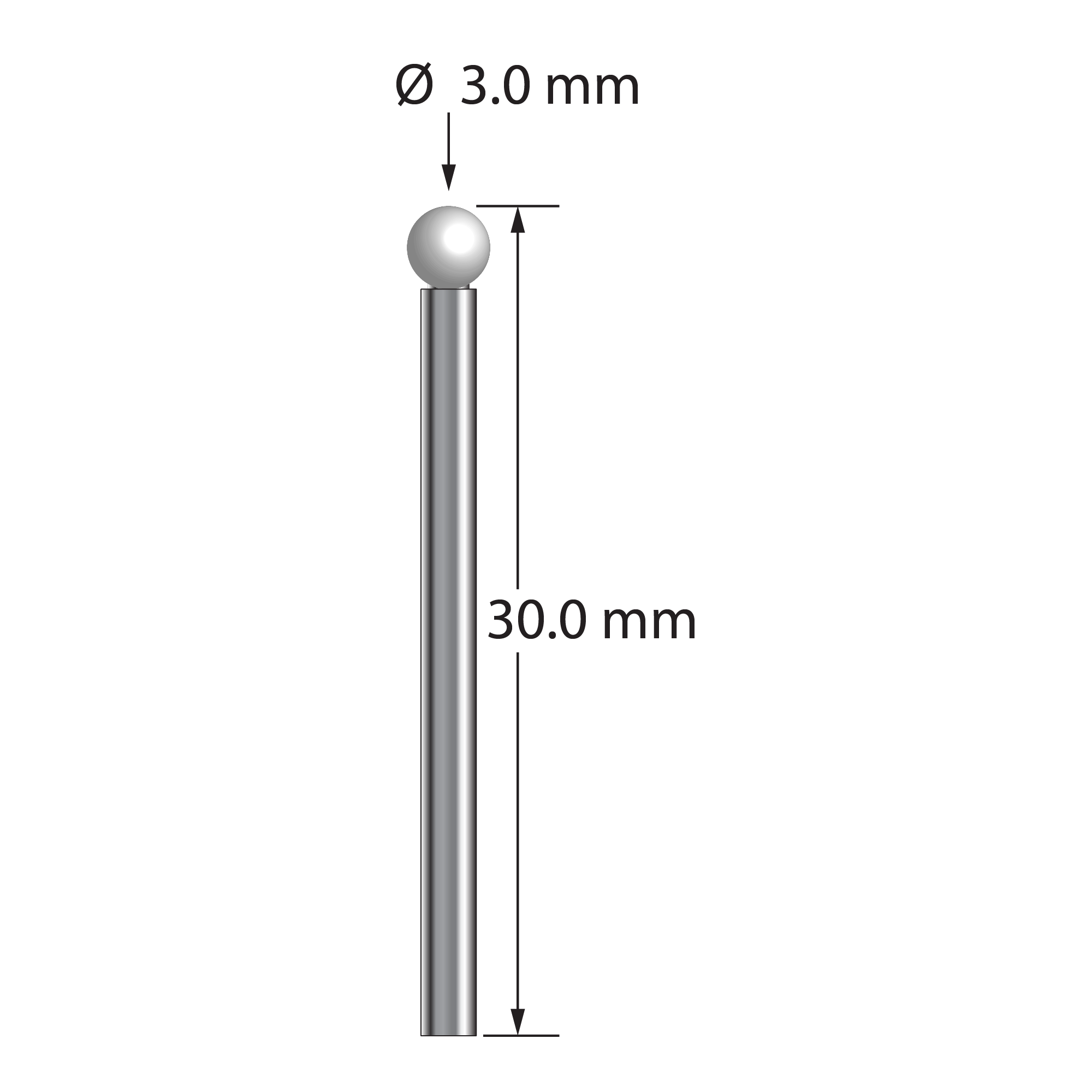 TST-3030-DS2-Z unthreaded stylus with 3.0mm zirconia ball and 2.0mm carbide stem, 30.0mm long.