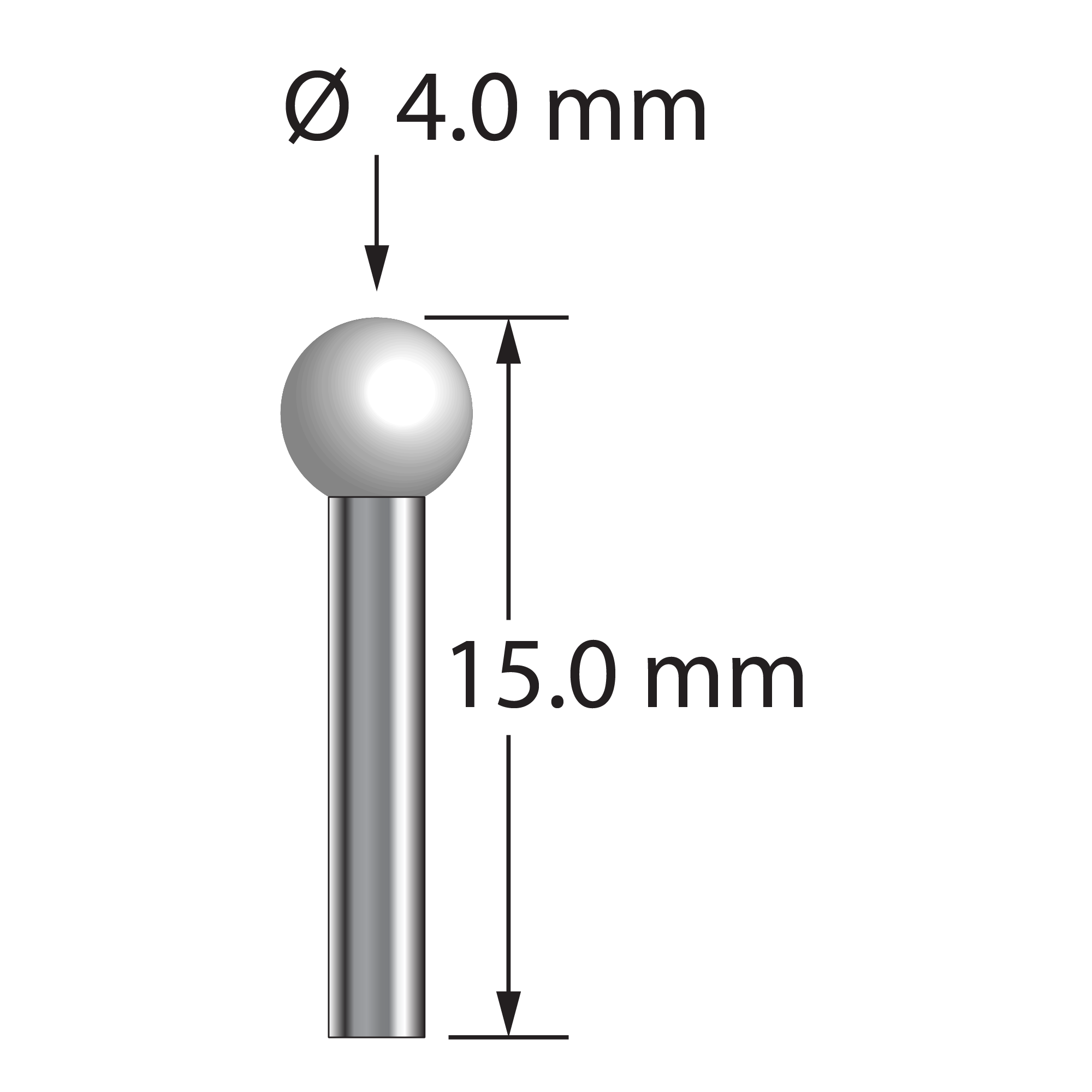 TST-4015-Z unthreaded stylus with 4.0mm zirconia ball and carbide stem, 15.0mm long by Q-Mark Manufacturing, Inc.