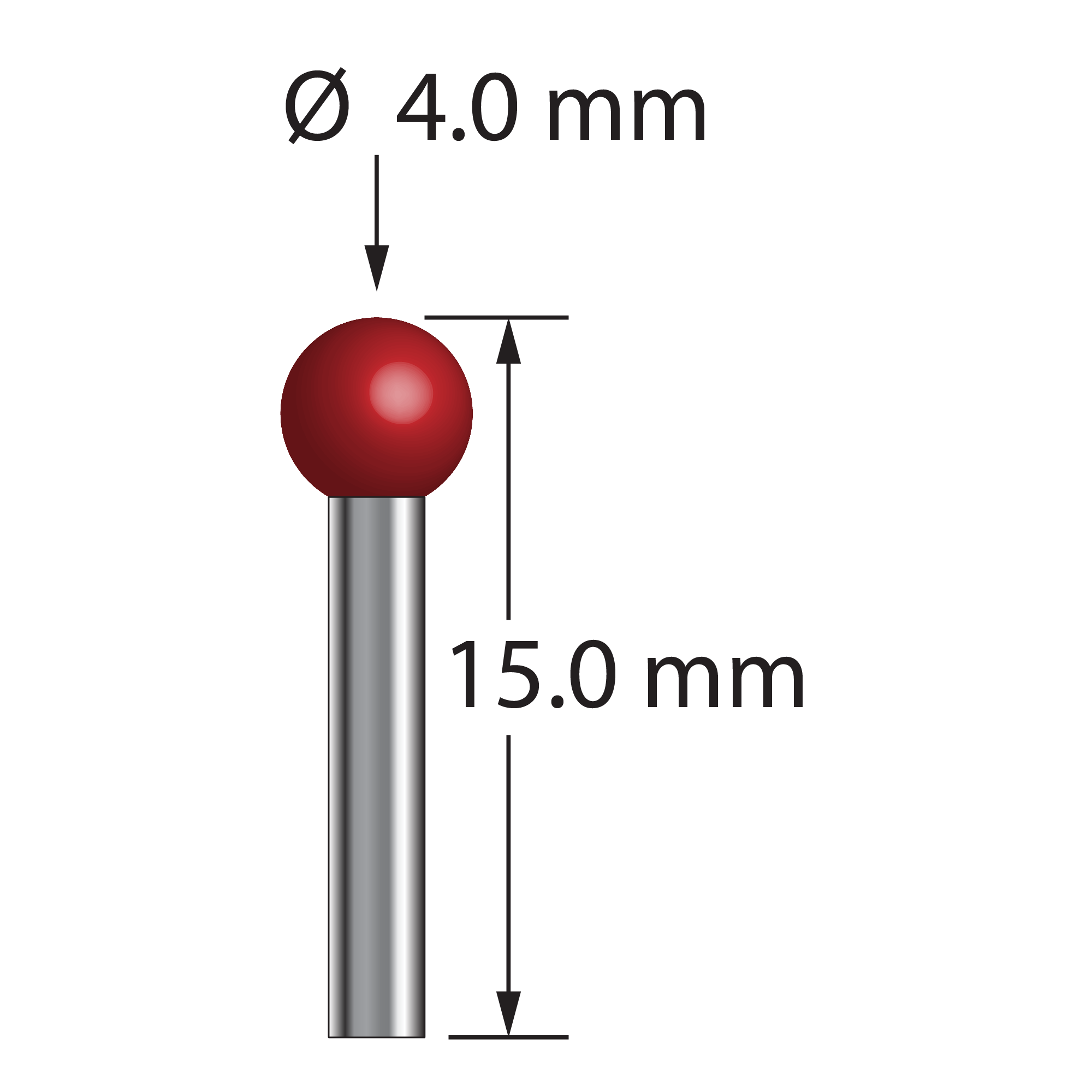 TST-4015 unthreaded stylus with 4.0mm ruby ball and 2.0mm carbide stem, 15.0mm long.