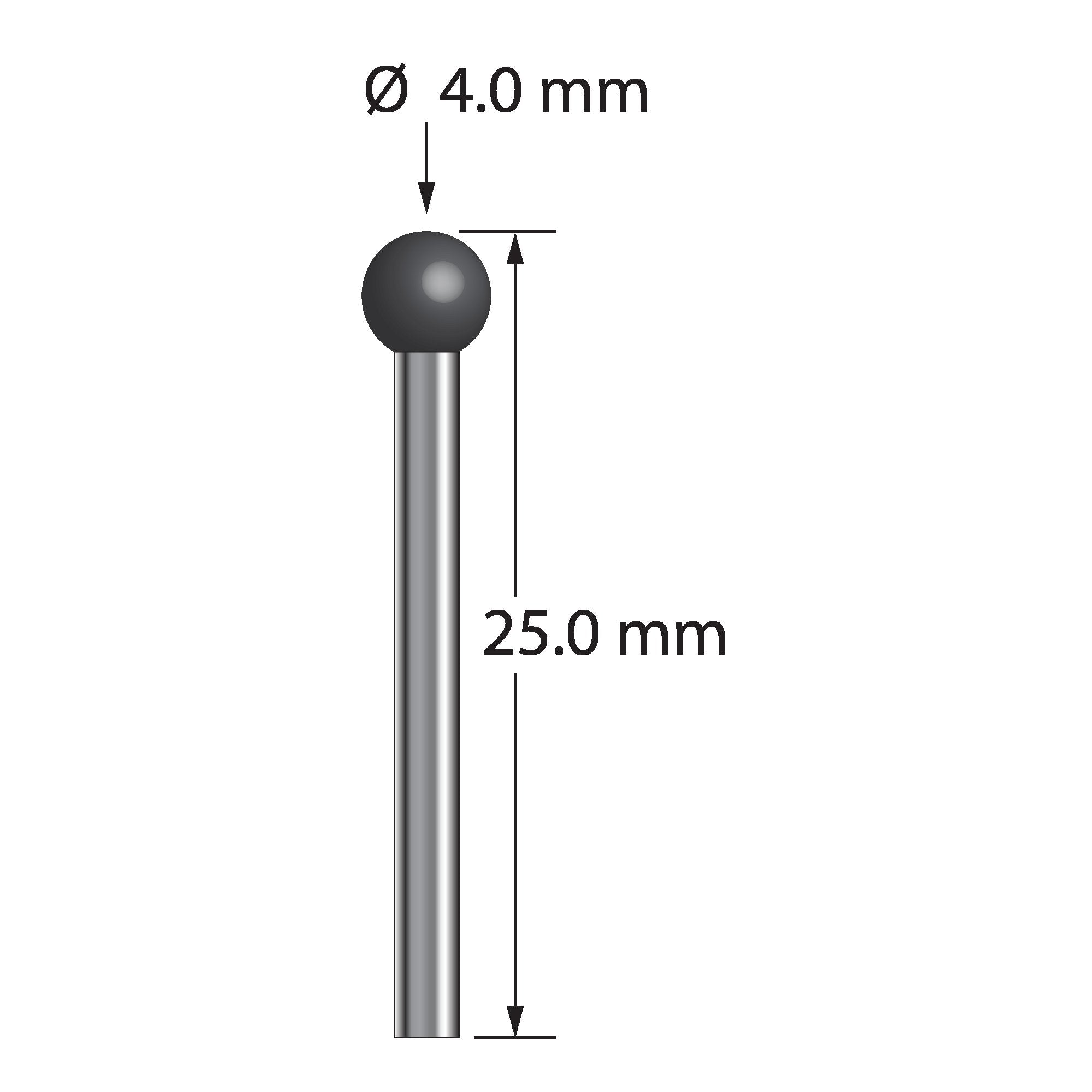 TST-4025-C unthreaded stylus with 4.0mm carbide ball, 2.0mm carbide stem, 25.0mm length by Q-Mark Manufacturing, Inc.