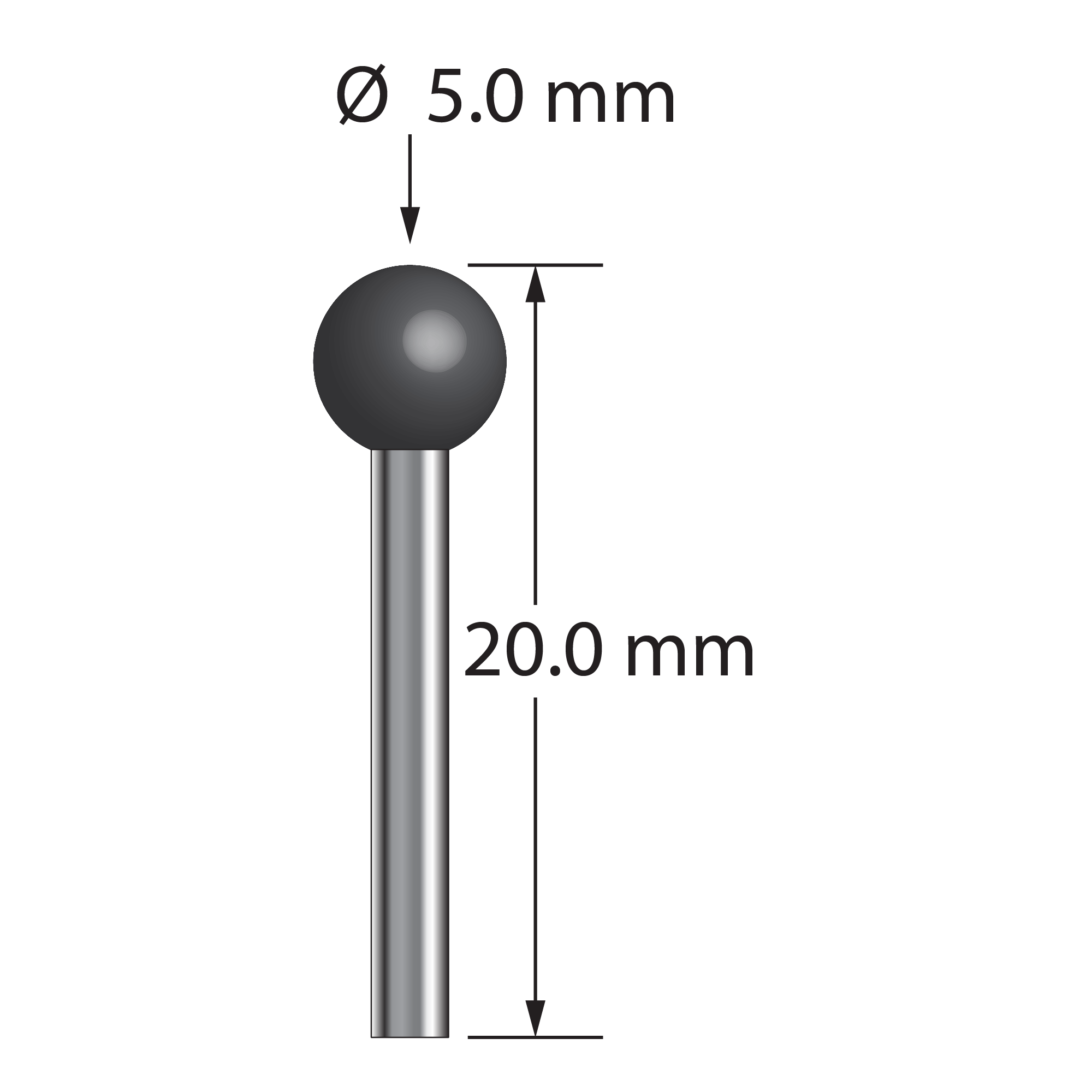 TST-5020-SN unthreaded stylus with 5.0mm silicon nitride ball and 2.0mm carbide stem, 20.0mm long by Q-Mark Manufacturing, Inc.