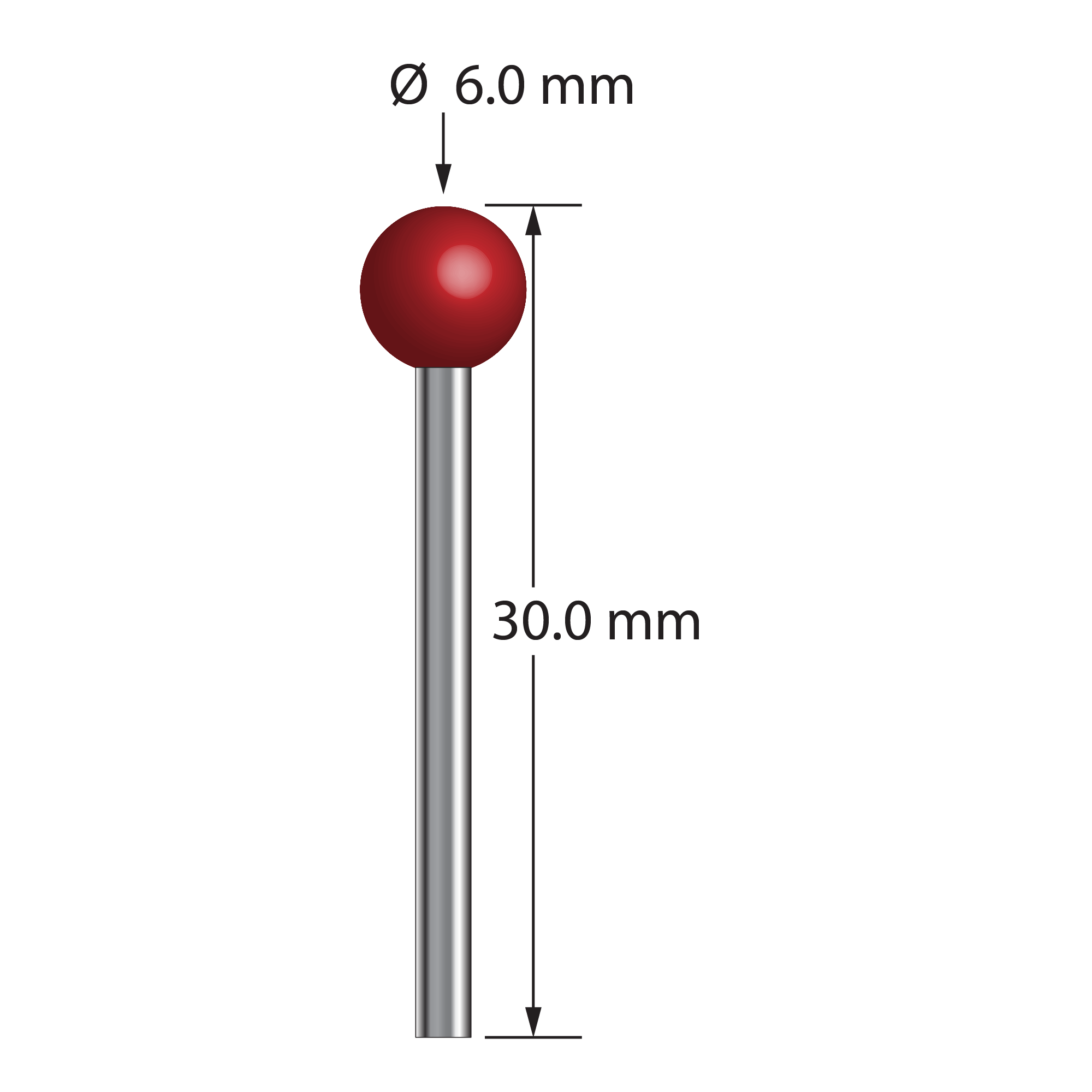 TST-6030 unthreaded stylus with 6.0mm ruby ball and 2.0mm carbide stem, 30.0mm long by Q-Mark Manufacturing, Inc.