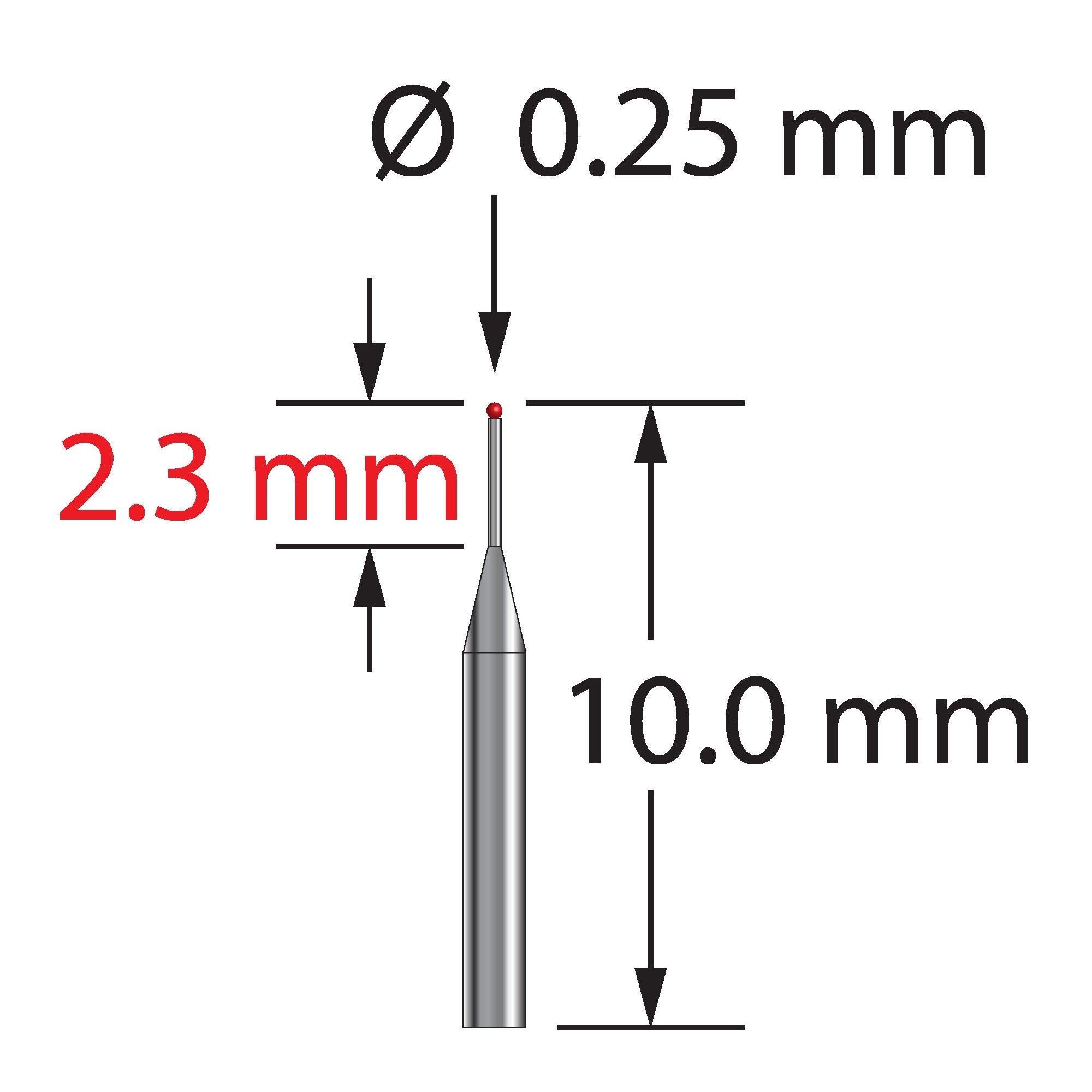 TST-.2510-R unthreaded stylus with 0.25mm ruby ball and tapered carbide stem, 10mm long by Q-Mark Manufacturing, Inc.