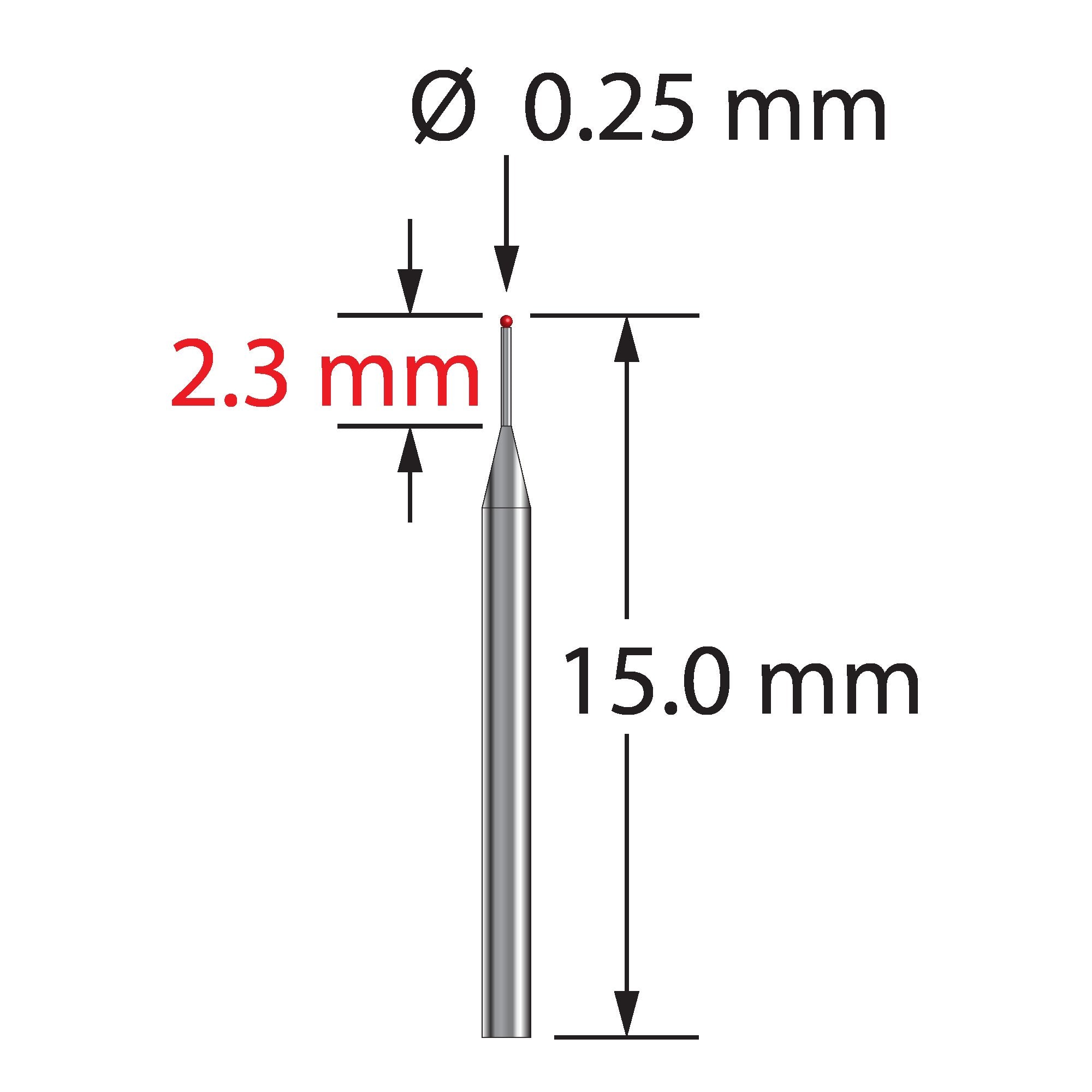 TST-.2515-R unthreaded stylus with 0.25mm ruby ball, tapered carbide stem, 15.0mm long by Q-Mark Manufacturing, Inc.