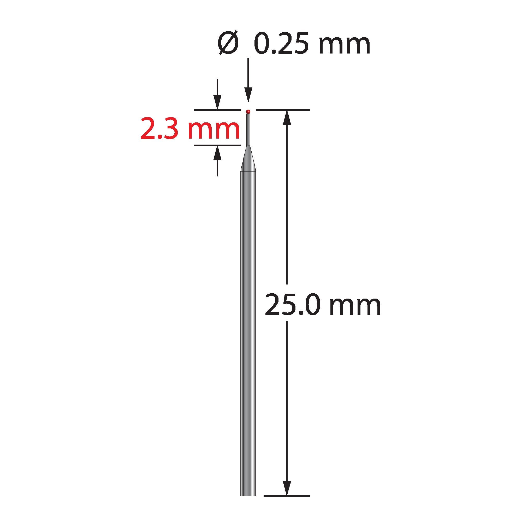 TST-.2525-R unthreaded stylus with 0.25mm ruby ball and tapered carbide stem, 25mm long by Q-Mark Manufacturing, Inc.