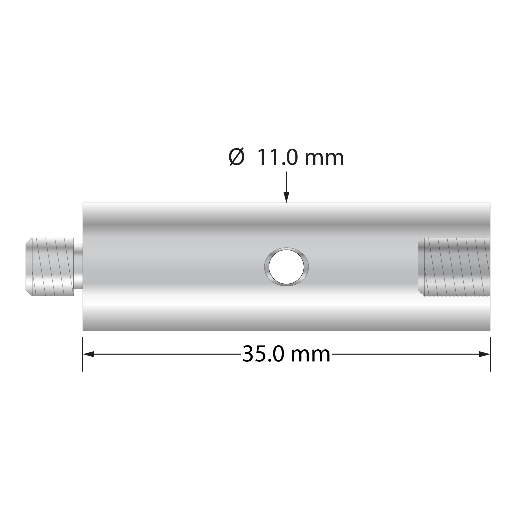 M5 extension, titanium, 11.0 mm diameter, with wrench hole. Length is 35.0 mm. Weight is 14.04 grams.