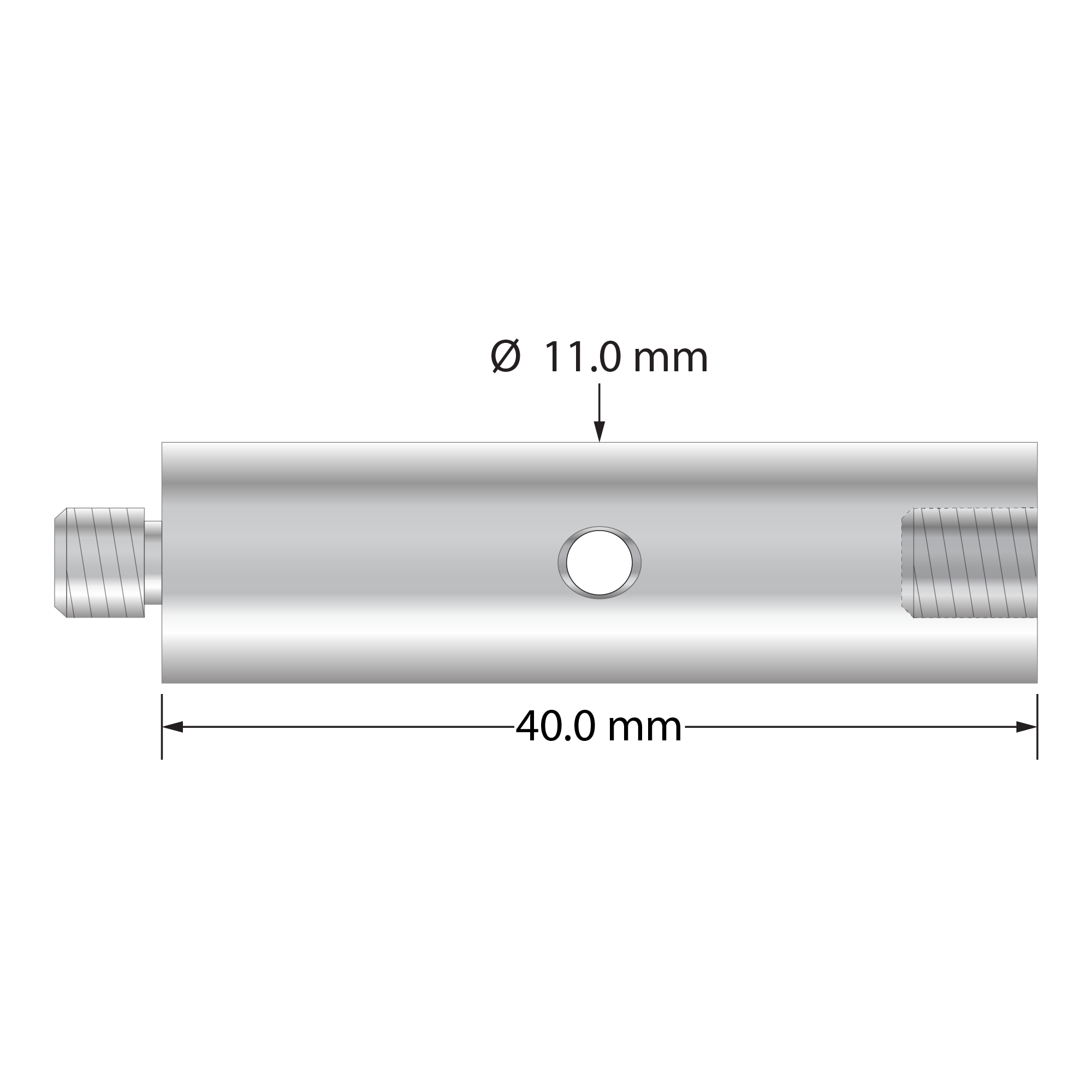 M5 extension, titanium, 11.0 mm diameter, with wrench hole. Length is 40.0 mm. Weight is 16.14 grams.