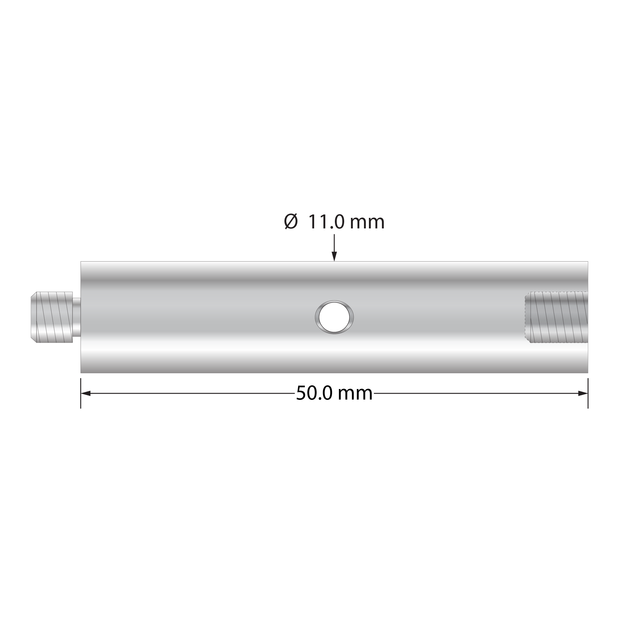 M5 extension, titanium, 11.0 mm diameter, with wrench hole. Length is 50.0 mm. Weight is 20.33 grams.
