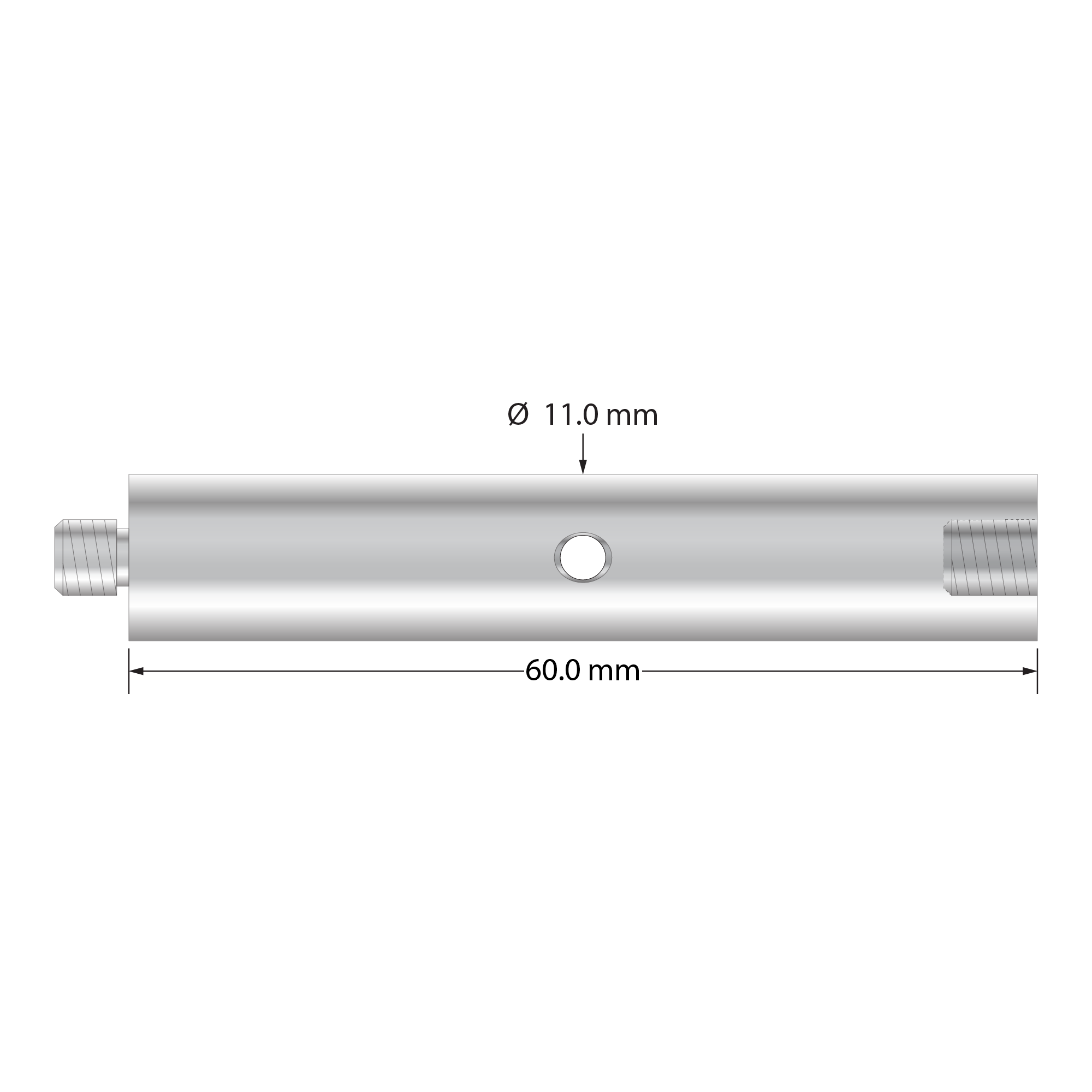 M5 extension, titanium, 11.0 mm diameter, with wrench hole. Length is 60.0 mm. Weight is 24.53 grams.