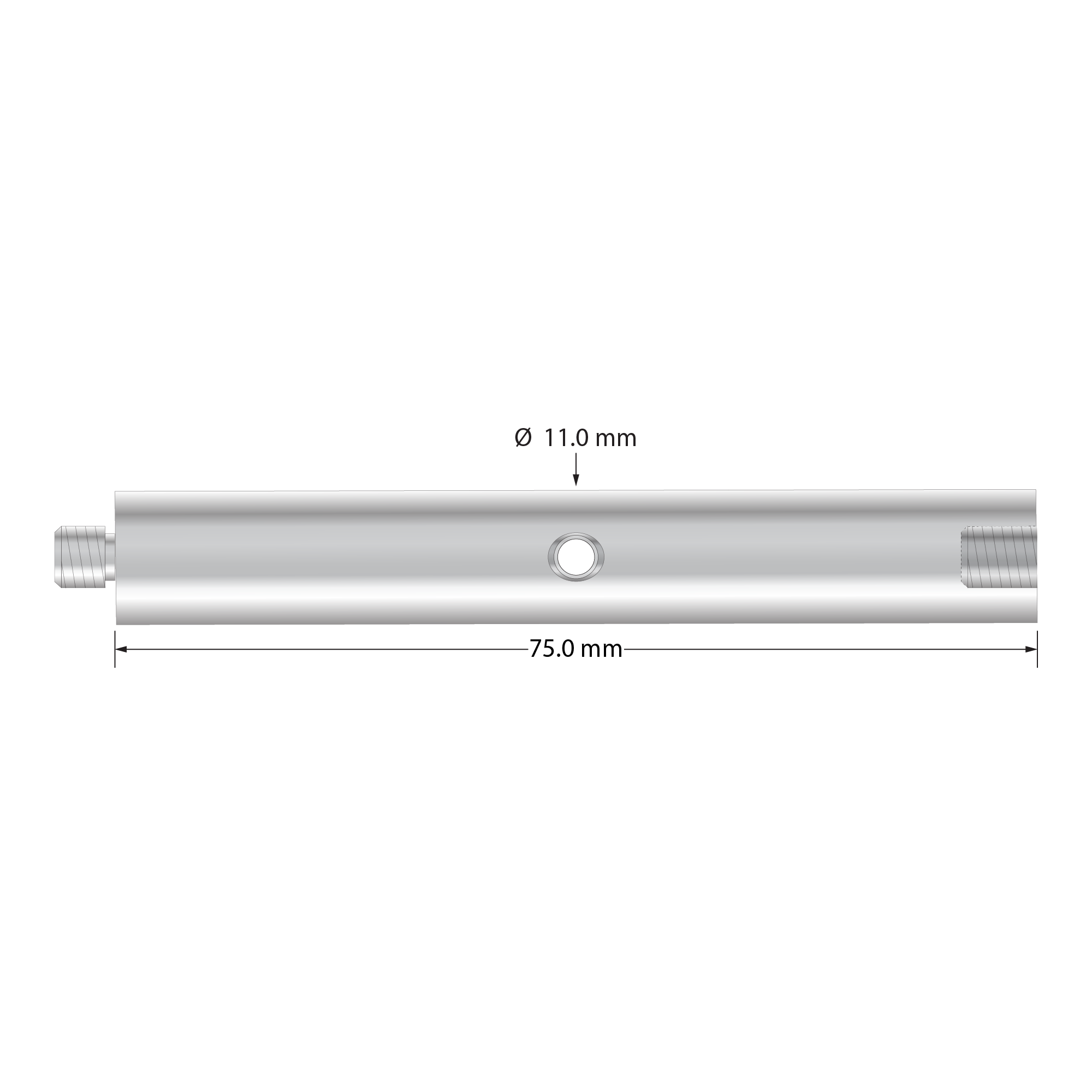 M5 extension, hard anodized aluminum, 11.0 mm diameter x 75.0 mm long, with stainless steel lined wrench hole. Weight is 19.16 grams.