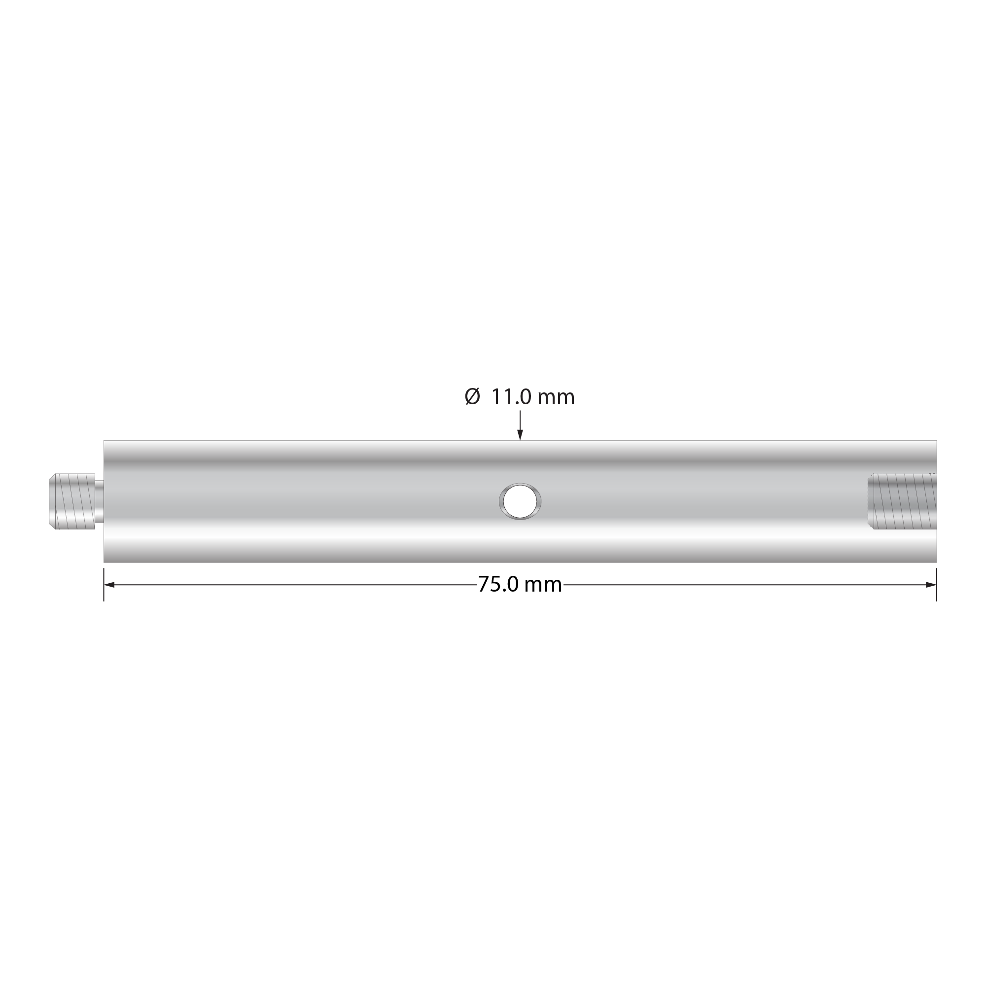 M5 extension, titanium, 11.0 mm diameter, with wrench hole. Length is 75.0 mm. Weight is 30.83 grams.