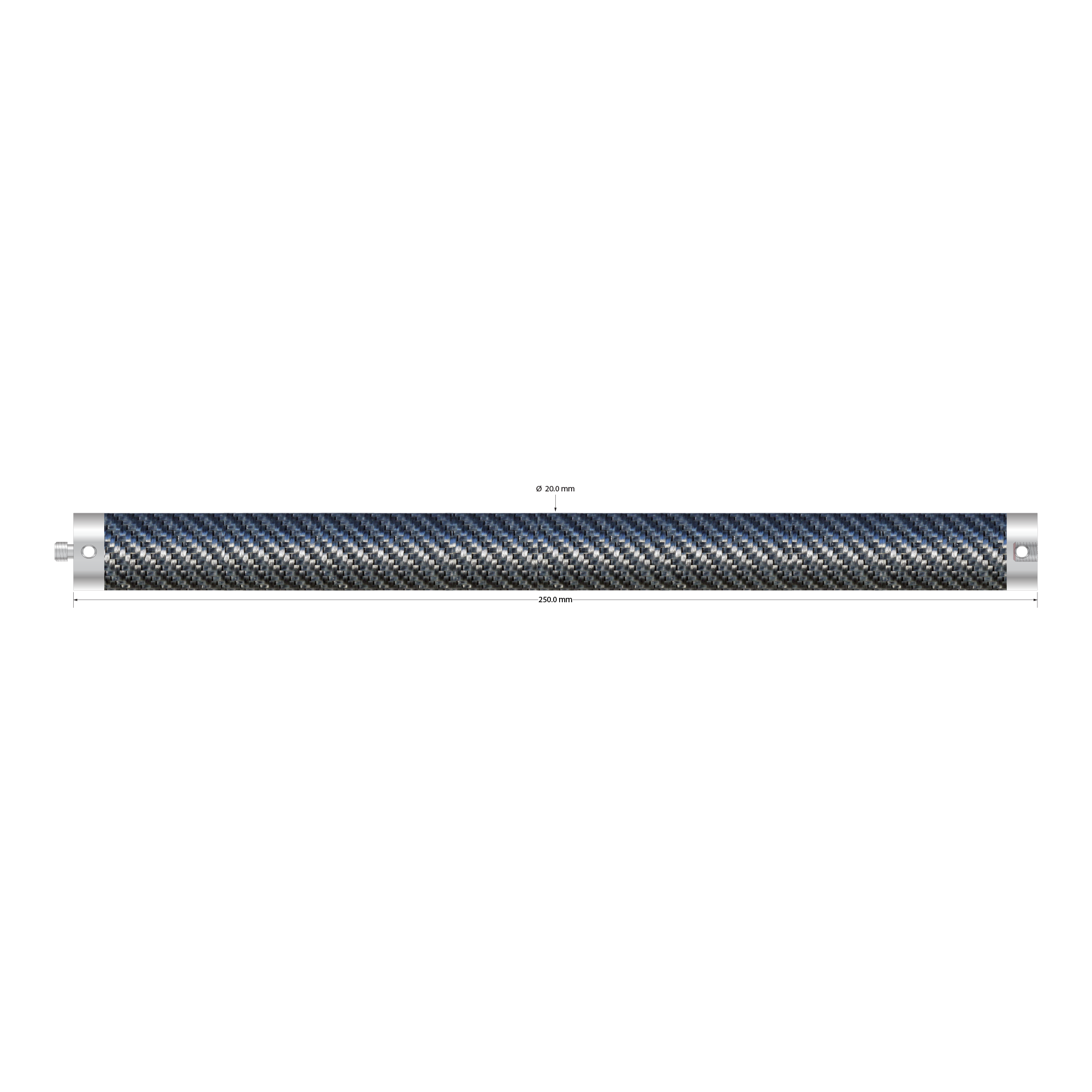 Therm-X low expansion light weight M5 extension, 20.0 mm diameter silver woven carbon fiber tubing with titanium end fittings. Length is 250.0 mm. Weight is 52.38 grams. Compare to Zeiss 626107-2250-100.