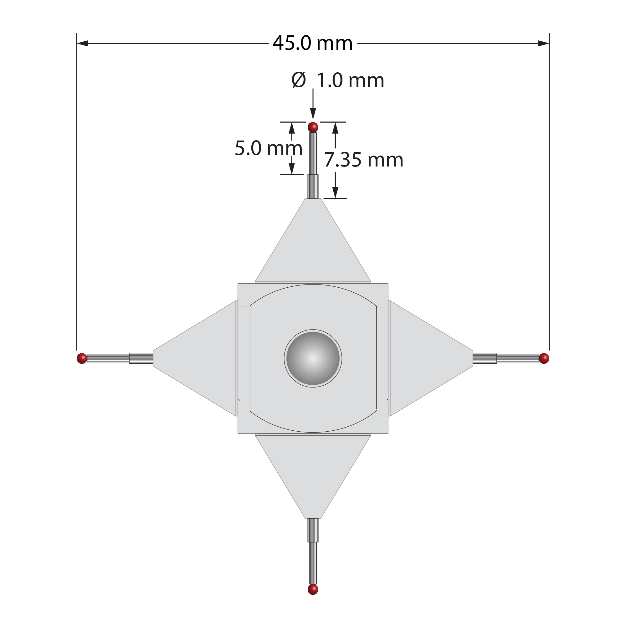 WMS-1045 M5 cube star with 1.0mm ruby balls, aluminum body, and carbide stems, 45.0mm long by Q-Mark Manufacturing, Inc.