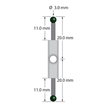 XXT stylus, 180 degrees. Titanium center fitting with 3.5 mm through hole. Two 2.0 mm diameter Therm-X carbon fiber stems with 3.0 mm diameter silicon nitride balls. Used with a clamping screw or clamping stylus to create a T-shaped probe. Stylus weight is 1.34 grams. Compare to Zeiss 626103-0314-020.
