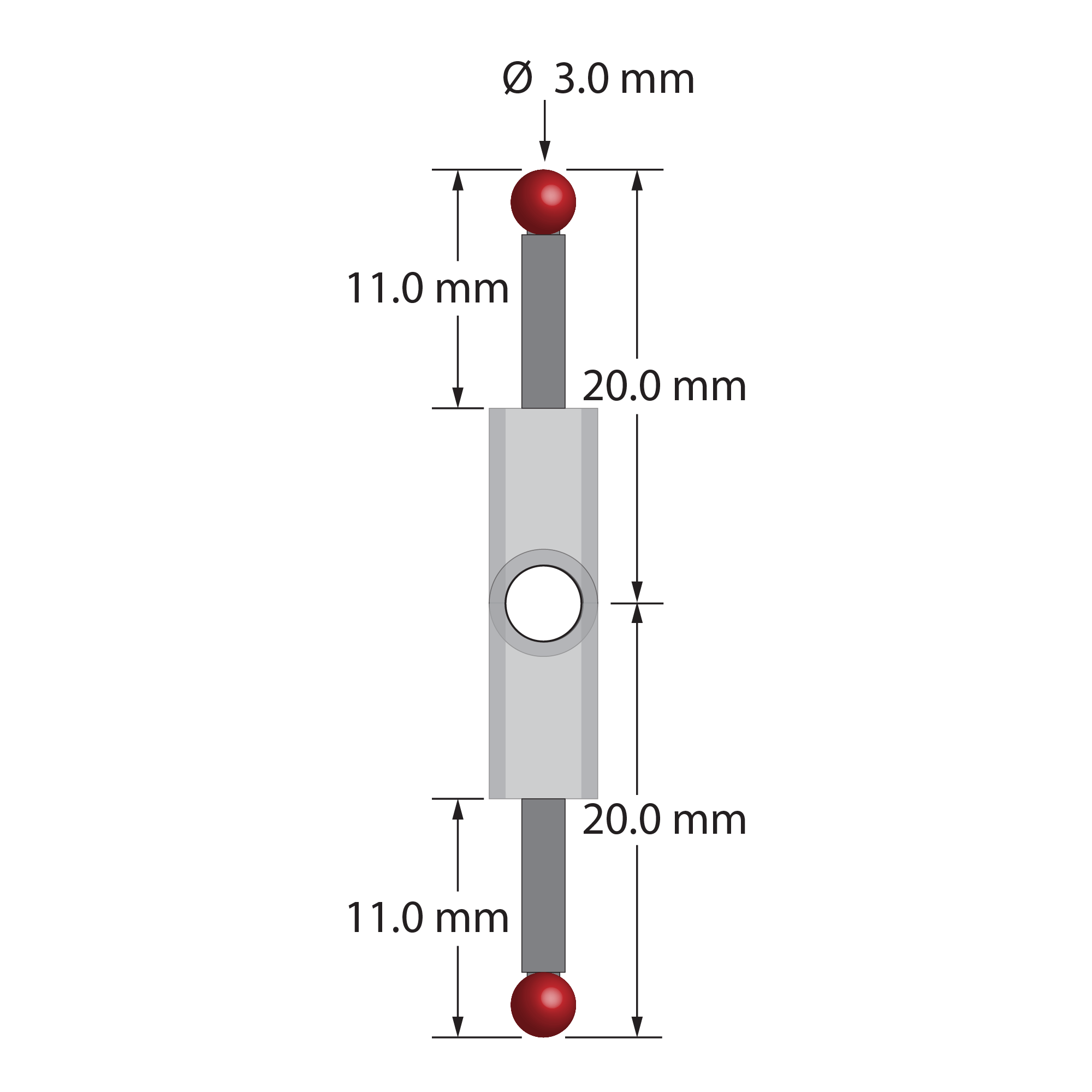 XXT stylus, 180 degrees. Titanium center fitting with 3.5 mm through hole. Two 2.0 mm diameter Therm-X carbon fiber stems with 3.0 mm diameter ruby balls. Used with a clamping screw or clamping stylus to create a T-shaped probe. Stylus weight is 1.34 grams. Compare to Zeiss 626103-0304-020.