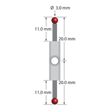 XXT stylus, 180 degrees. Titanium center fitting with 3.5 mm through hole. Two 2.0 mm diameter Therm-X carbon fiber stems with 3.0 mm diameter ruby balls. Used with a clamping screw or clamping stylus to create a T-shaped probe. Stylus weight is 1.34 grams. Compare to Zeiss 626103-0304-020.