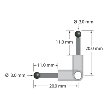 XXT stylus, 90 degrees. Titanium center fitting with 3.5 mm through hole. Two 2.0 mm diameter Therm-X carbon fiber stems with 3.0 mm diameter silicon nitride balls. Used with a clamping screw or clamping stylus to create a right angle probe. Stylus weight is 1.34 grams. Compare to Zeiss 626103-0313-020.
