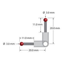 XXT stylus, 90 degrees. Titanium center fitting with 3.5 mm through hole. Two 2.0 mm diameter Therm-X carbon fiber stems with 3.0 mm diameter ruby balls. Used with a clamping screw or clamping stylus to create a right-angle probe. Stylus weight is 1.34 grams. Compare to Zeiss 626103-0303-020.