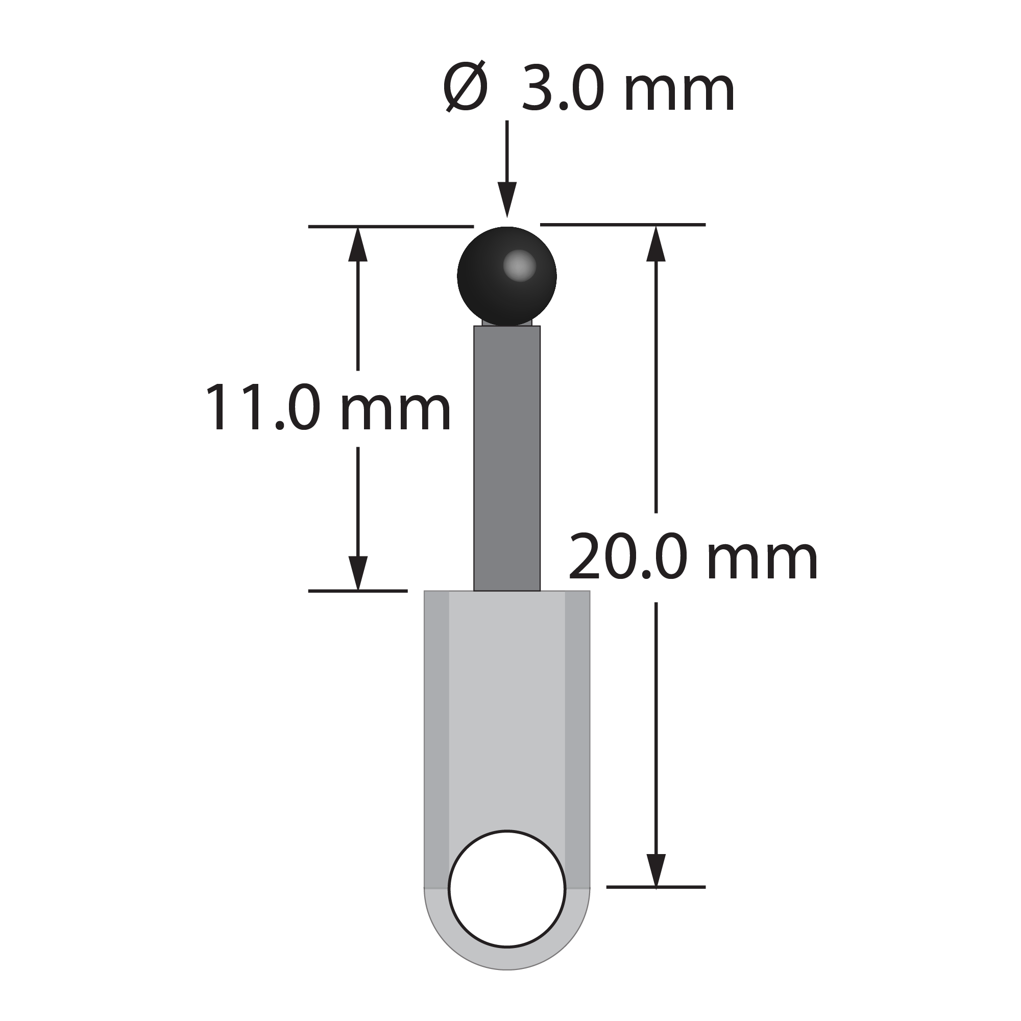 XXT-3020-L-SN M3 3.0mm silicon nitride stylus with carbon fiber stem and titanium base, 20mm long.