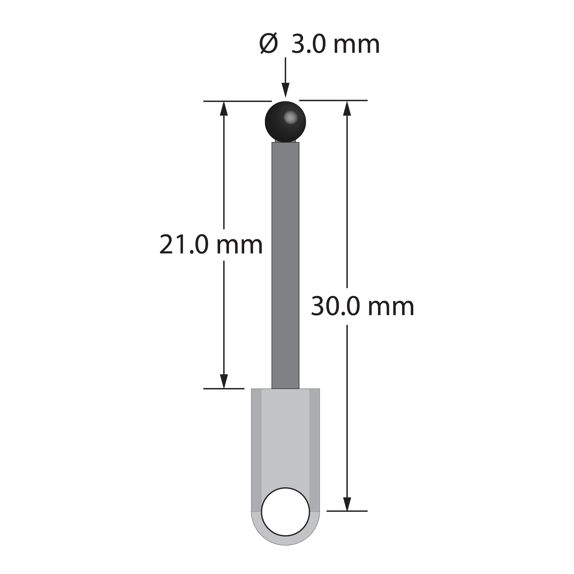 XXT-3030-L-SN M3 stylus with 3.0mm silicon nitride ball, carbon fiber stem, titanium base, 30mm length.