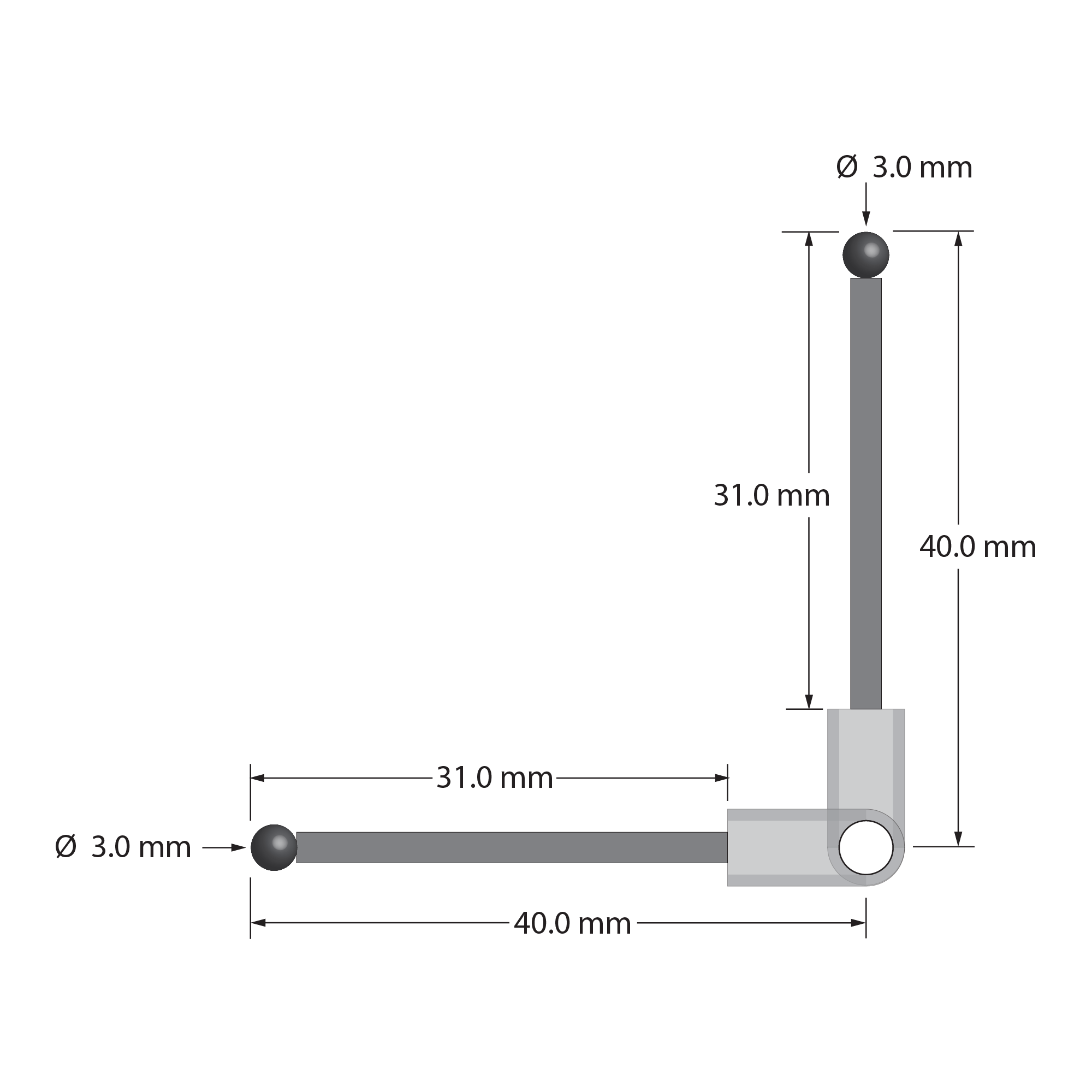 XXT stylus, 90 degrees. Titanium center fitting with 3.5 mm through hole. Two 2.0 mm diameter Therm-X carbon fiber stems with 3.0 mm diameter silicon nitride balls. Used with a clamping screw or clamping stylus to create a right angle probe. Stylus weight is 1.54 grams. Compare to Zeiss 626103-0313-040.