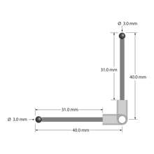XXT stylus, 90 degrees. Titanium center fitting with 3.5 mm through hole. Two 2.0 mm diameter Therm-X carbon fiber stems with 3.0 mm diameter silicon nitride balls. Used with a clamping screw or clamping stylus to create a right angle probe. Stylus weight is 1.54 grams. Compare to Zeiss 626103-0313-040.
