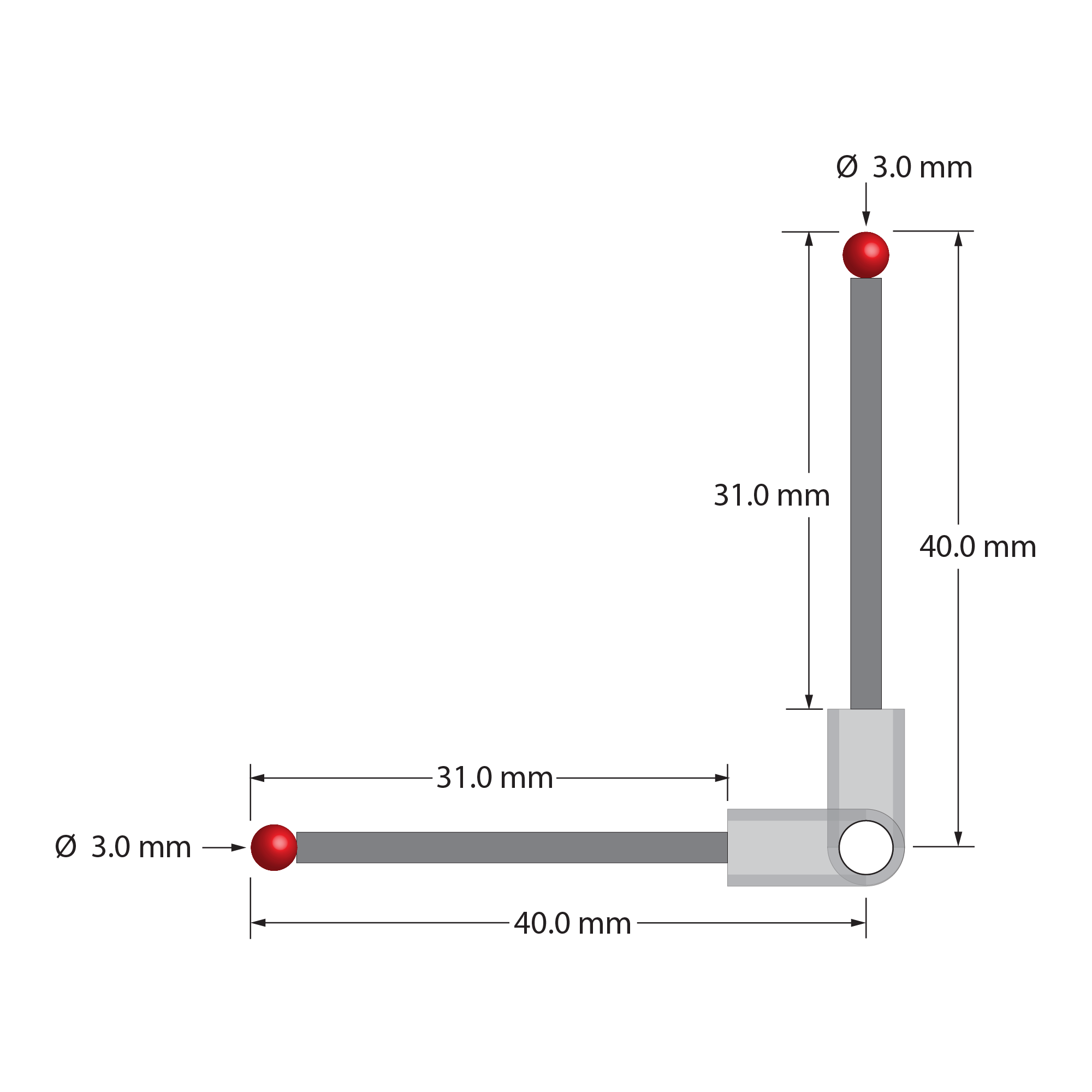 XXT stylus, 90 degrees. Titanium center fitting with 3.5 mm through hole. Two 2.0 mm diameter Therm-X carbon fiber stems with 3.0 mm diameter ruby balls. Used with a clamping screw or clamping stylus to create a right angle probe. Stylus weight is 1.54 grams. Compare to Zeiss 626103-0303-040.