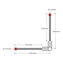 XXT stylus, 90 degrees. Titanium center fitting with 3.5 mm through hole. Two 2.0 mm diameter Therm-X carbon fiber stems with 3.0 mm diameter ruby balls. Used with a clamping screw or clamping stylus to create a right angle probe. Stylus weight is 1.54 grams. Compare to Zeiss 626103-0303-040.