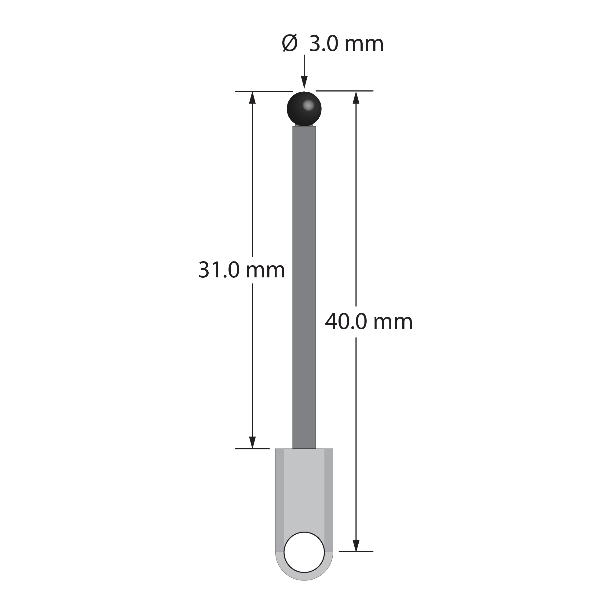 XXT-3040-L-SN M3 stylus with 3.0mm silicon nitride ball, carbon fiber stem, and titanium base, 40mm long.