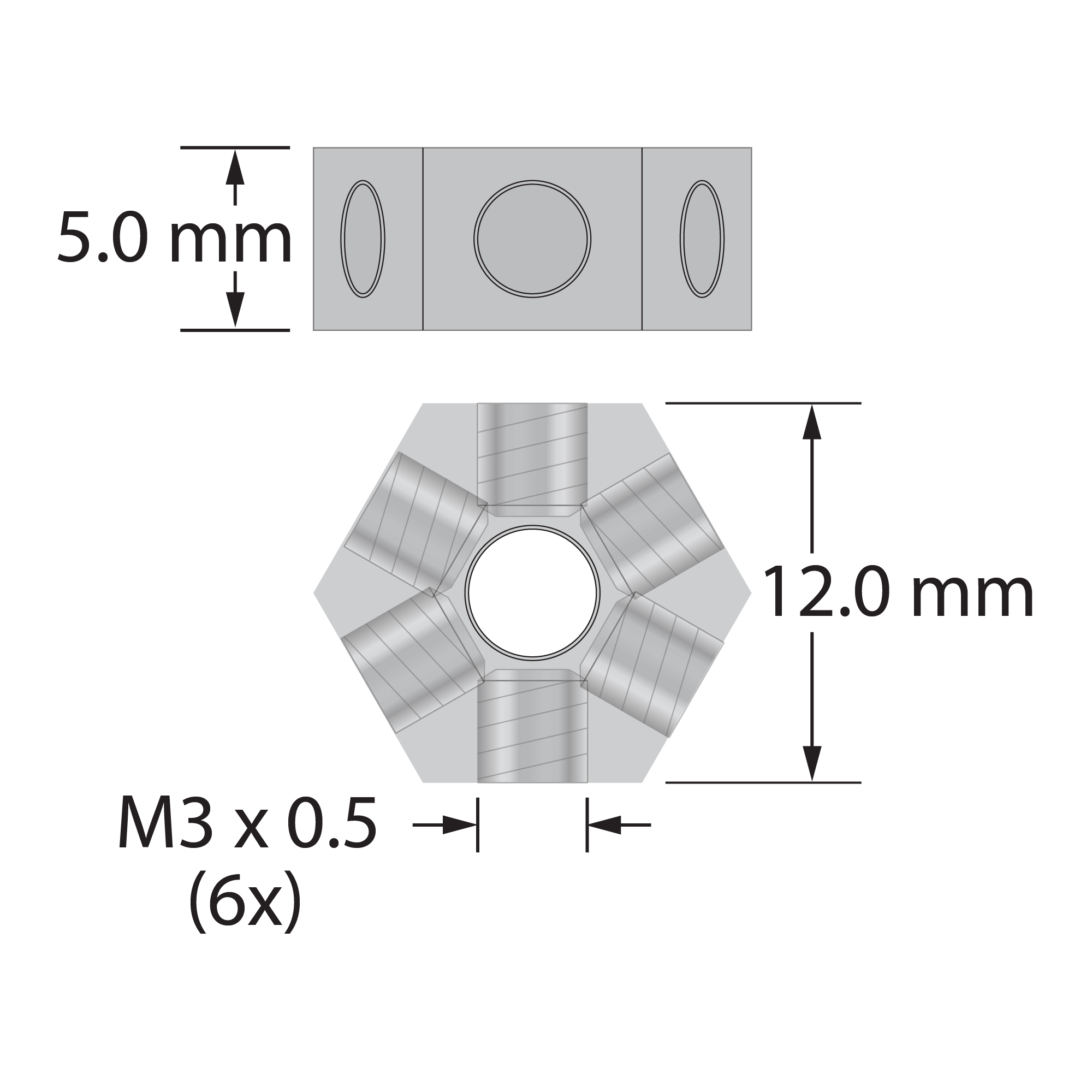 M3 titanium six-sided hub for XXT probe head, with six M3 x 0.5 threaded holes, and 3.5 mm diameter center hole. 5.0 mm thick. Weight is 1.77 grams. Compare to Zeiss 626103-6110-006.