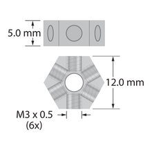 M3 titanium six-sided hub for XXT probe head, with six M3 x 0.5 threaded holes, and 3.5 mm diameter center hole. 5.0 mm thick. Weight is 1.77 grams. Compare to Zeiss 626103-6110-006.