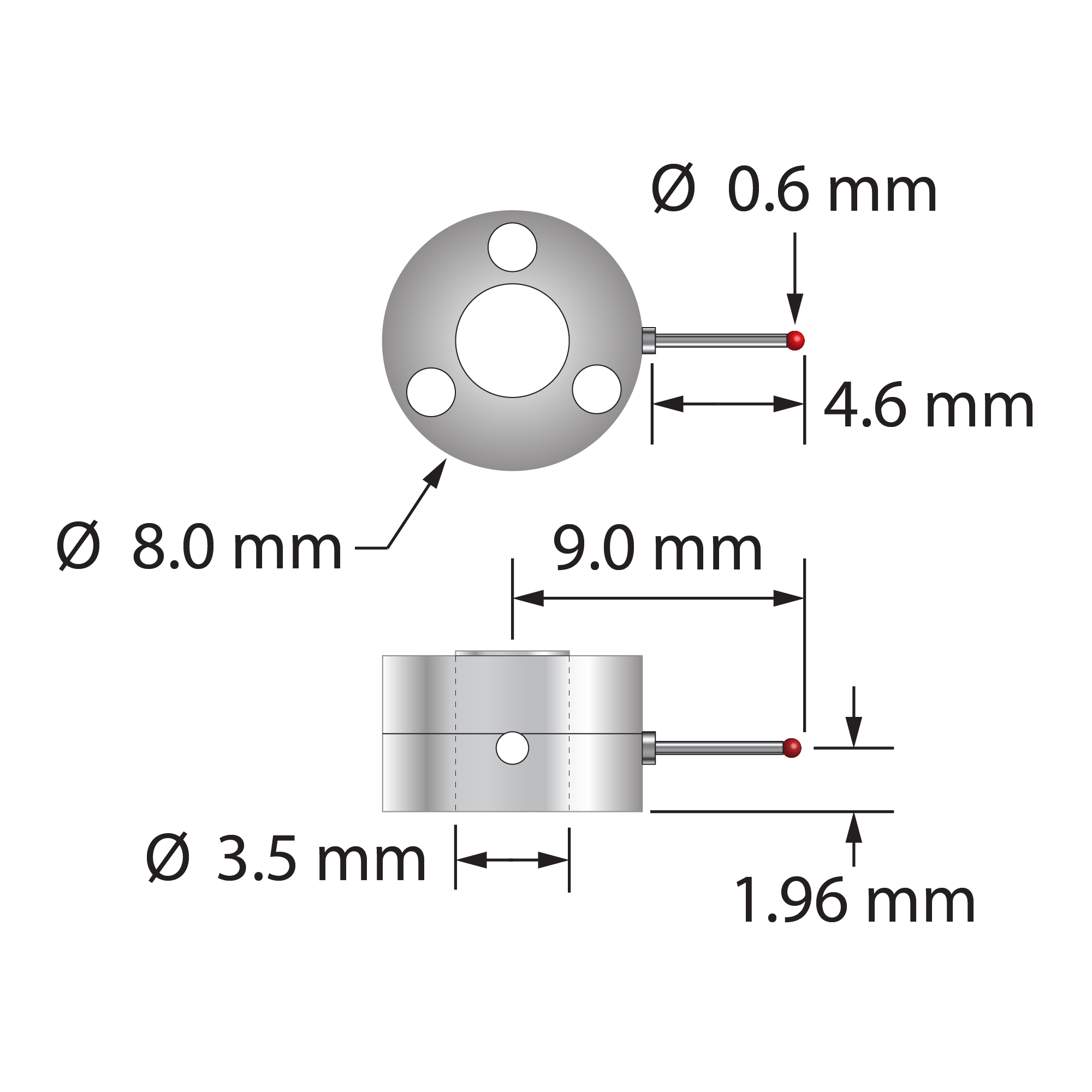 Single-side star stylus with 0.6 mm diameter ruby ball, stepped carbide stem, and two-piece clamping titanium hub. Minor stem diameter is 0.4 mm, major diameter is 1.0 mm. Assembled weight is 0.87 gram. Compare to Zeiss 626103-0060-418.