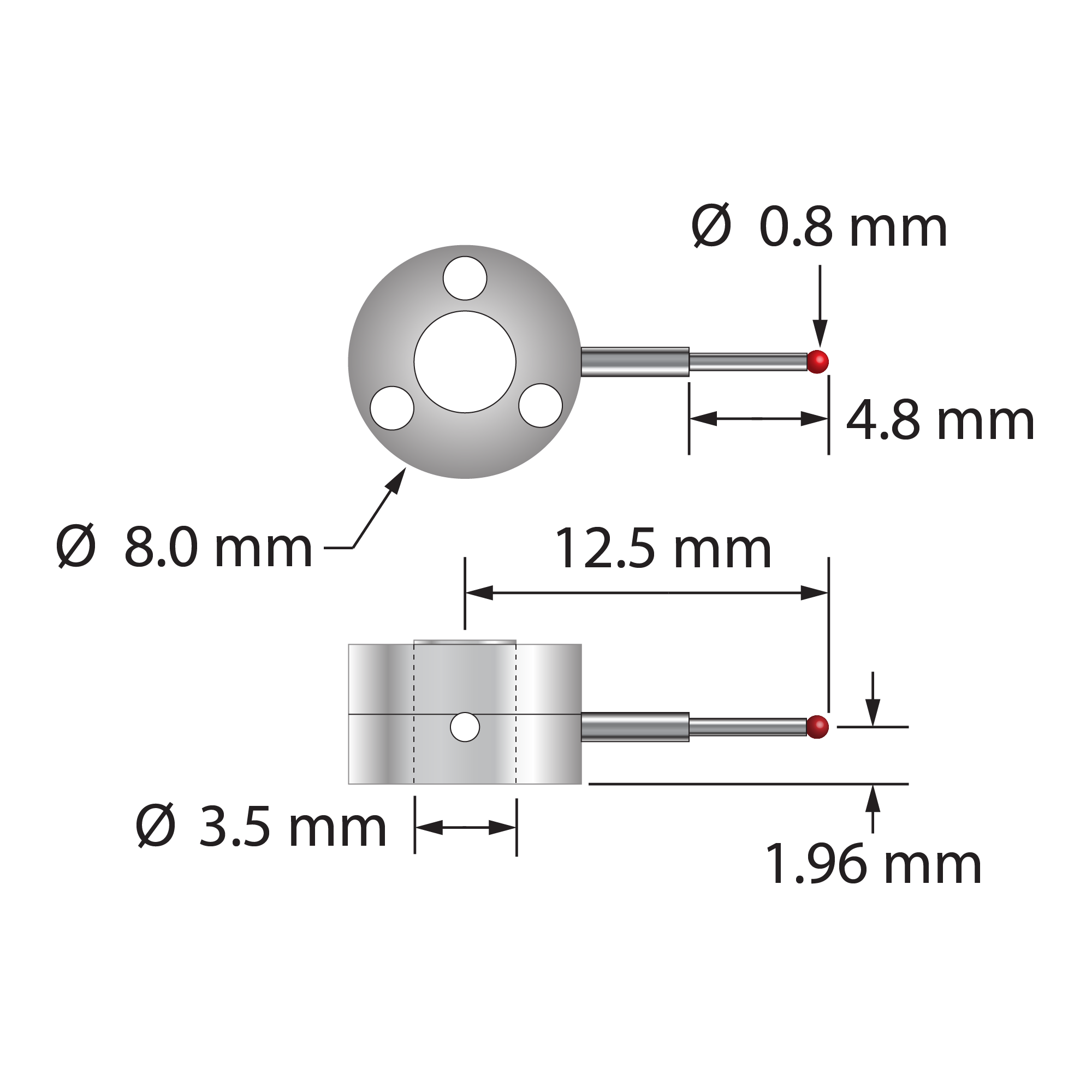 Single-side star stylus with 0.8 mm diameter ruby ball, stepped carbide stem, and two-piece clamping titanium hub. Minor stem diameter is 0.6 mm, major diameter is 1.0 mm. Assembled stylus weight is 0.92 gram. Compare to Zeiss 626103-0080-425.
