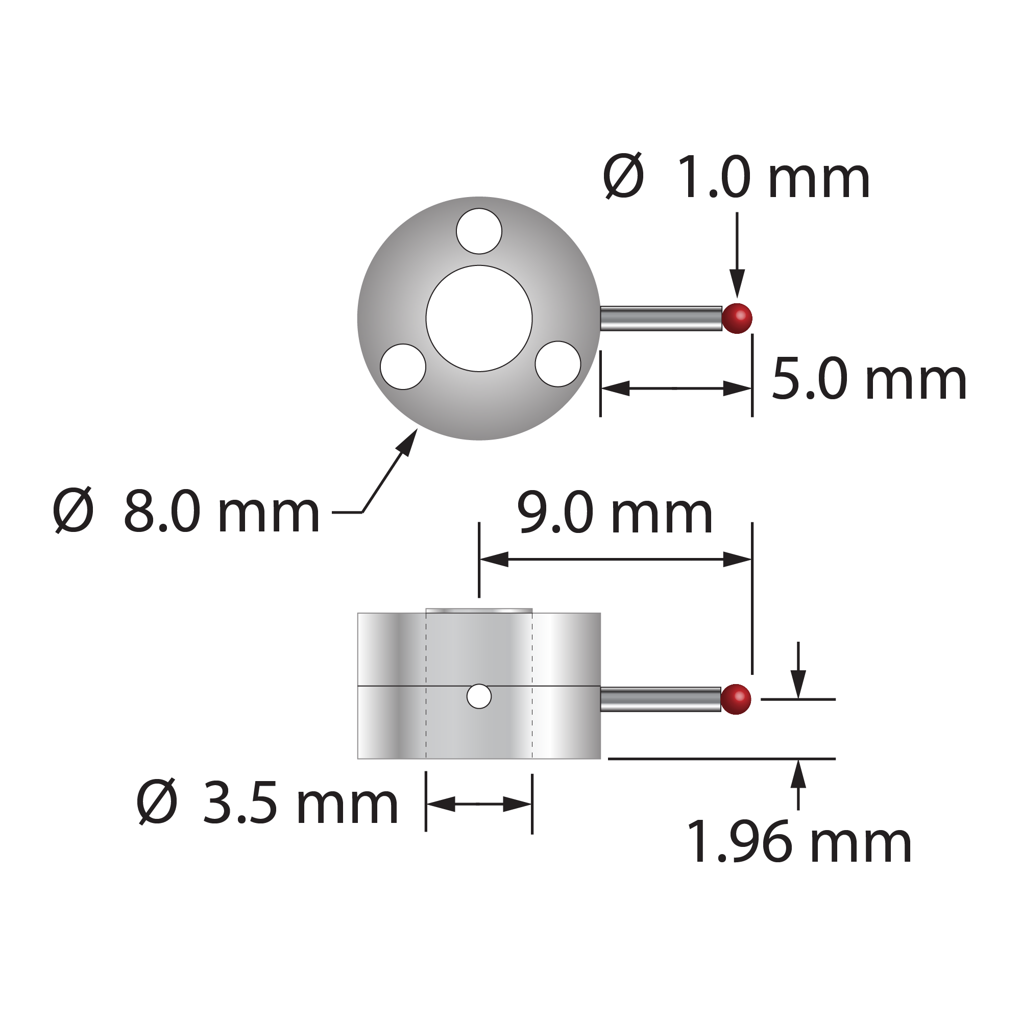 Single-side star stylus with 1.0 mm diameter ruby ball, carbide stem, and two-piece clamping titanium hub. Stem diameter is 0.8 mm. Assembled stylus weight is 0.87 gram. Compare to Zeiss 626103-0100-418.