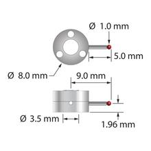 Single-side star stylus with 1.0 mm diameter ruby ball, carbide stem, and two-piece clamping titanium hub. Stem diameter is 0.8 mm. Assembled stylus weight is 0.87 gram. Compare to Zeiss 626103-0100-418.
