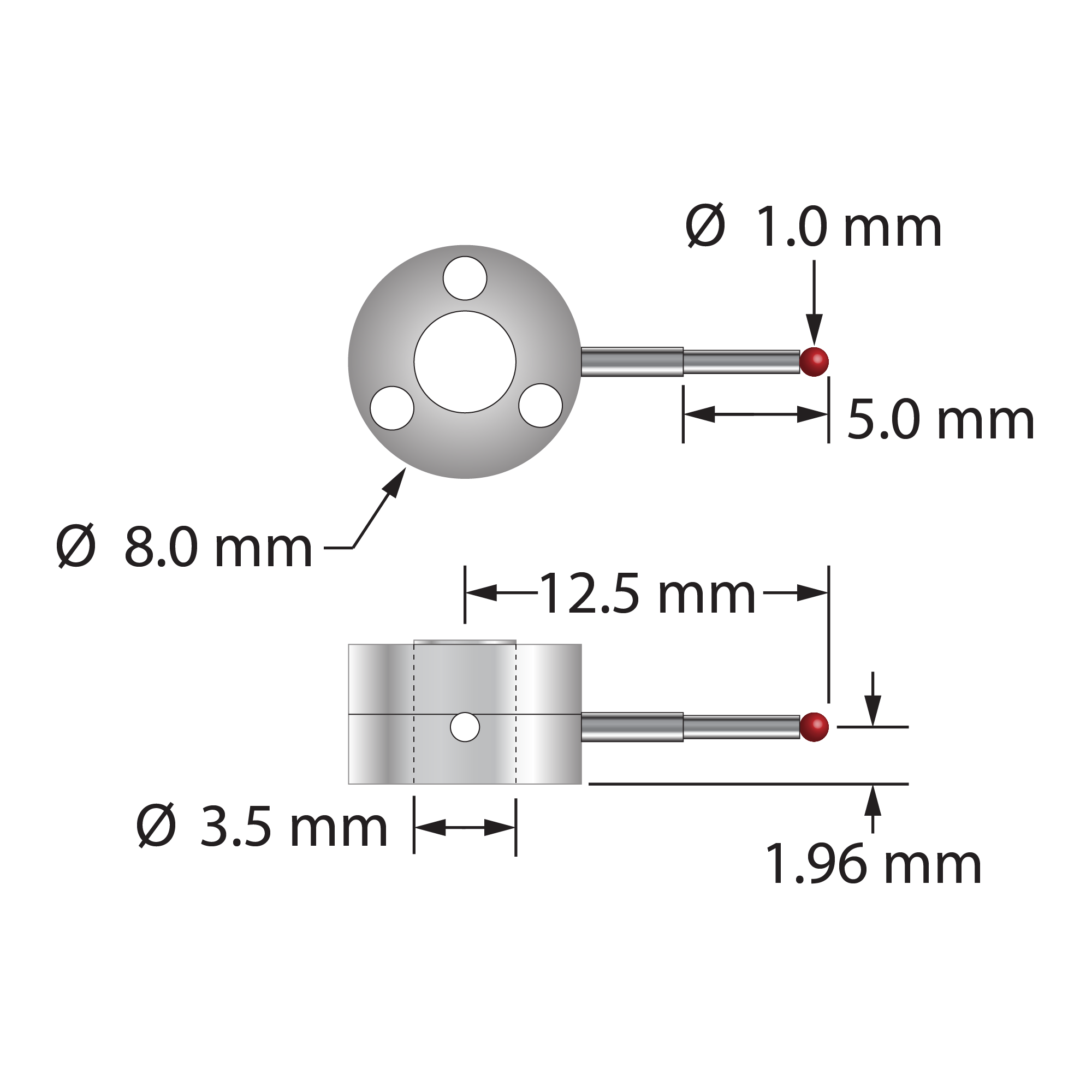 Single-side star stylus with 1.0 mm diameter ruby ball, stepped carbide stem, and two-piece clamping titanium hub. Minor stem diameter is 0.8 mm, major diameter is 1.0 mm. Assembled stylus weight is 0.91 gram. Compare to Zeiss 626103-0100-425.