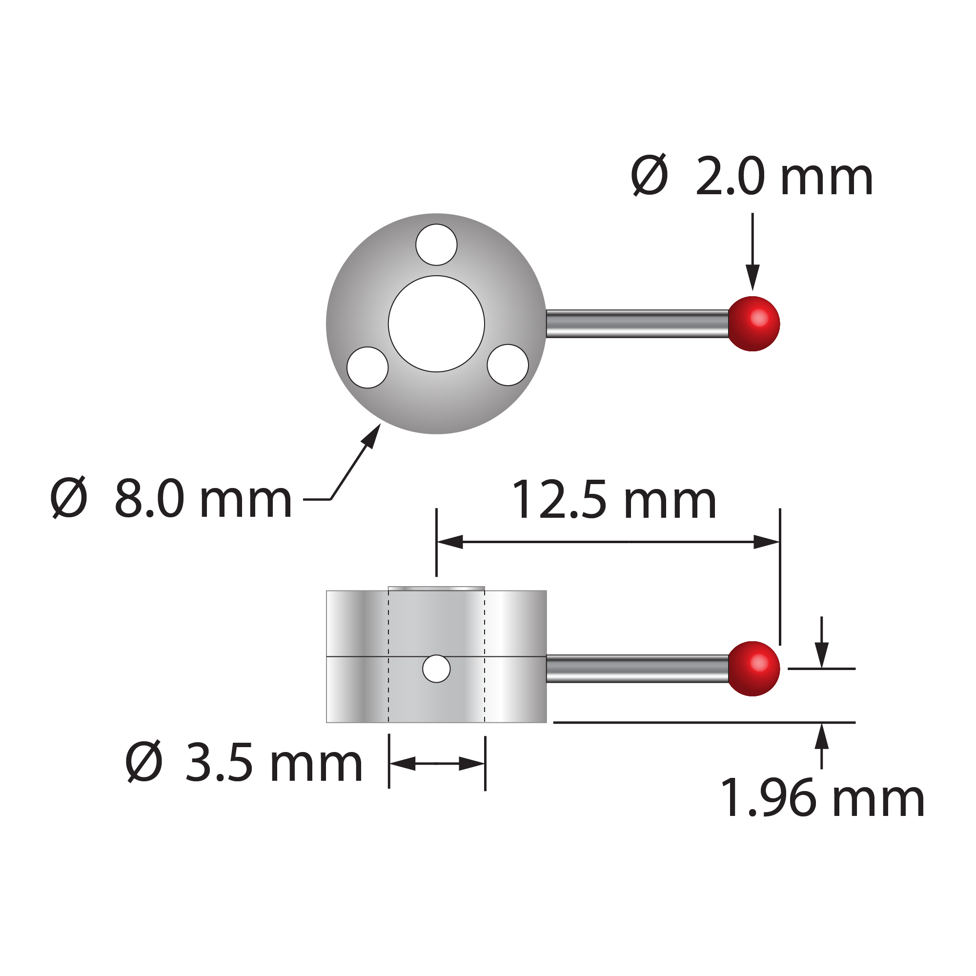Single-side star stylus with 2.0 mm diameter ruby ball, 1.0 mm diameter carbide stem, and two-piece clamping titanium hub. Assembled stylus weight is 1.10 grams. Compare to Zeiss 626103-0200-425.