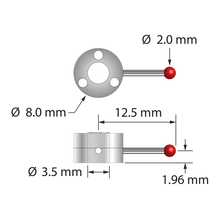 Single-side star stylus with 2.0 mm diameter ruby ball, 1.0 mm diameter carbide stem, and two-piece clamping titanium hub. Assembled stylus weight is 1.10 grams. Compare to Zeiss 626103-0200-425.