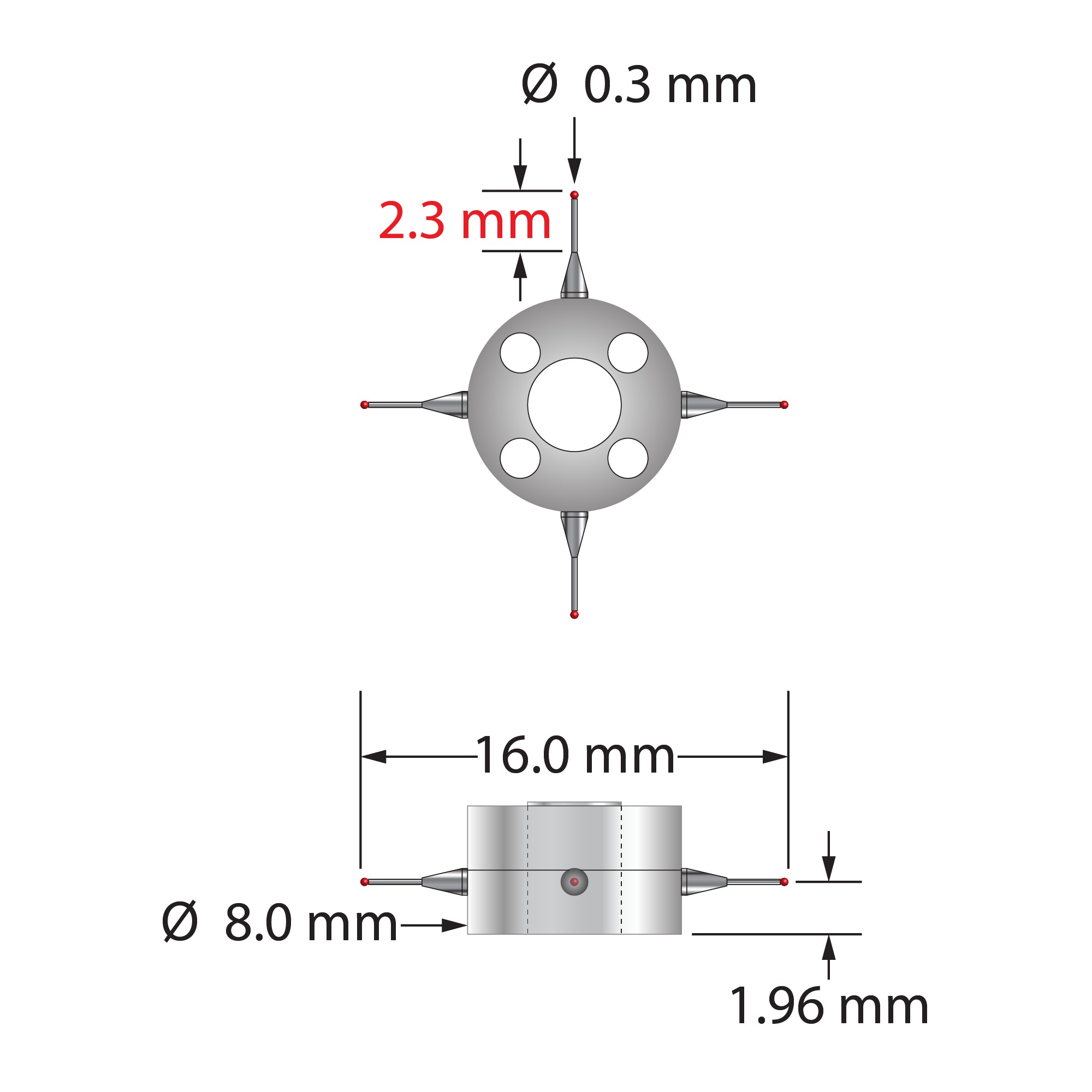 Four-way star stylus with 0.3 mm diameter ruby balls, carbide stems, and two-piece clamping titanium hub. Star stylus weight is 0.87 gram. Compare to Zeiss 626103-0030-016.