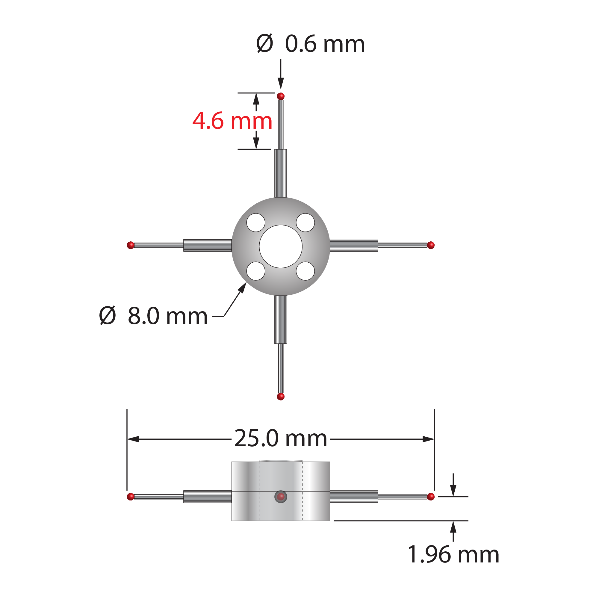 XXT-STR-0625 star stylus with 0.6mm ruby balls, carbide stems, and titanium hub by Q-Mark Manufacturing, Inc.