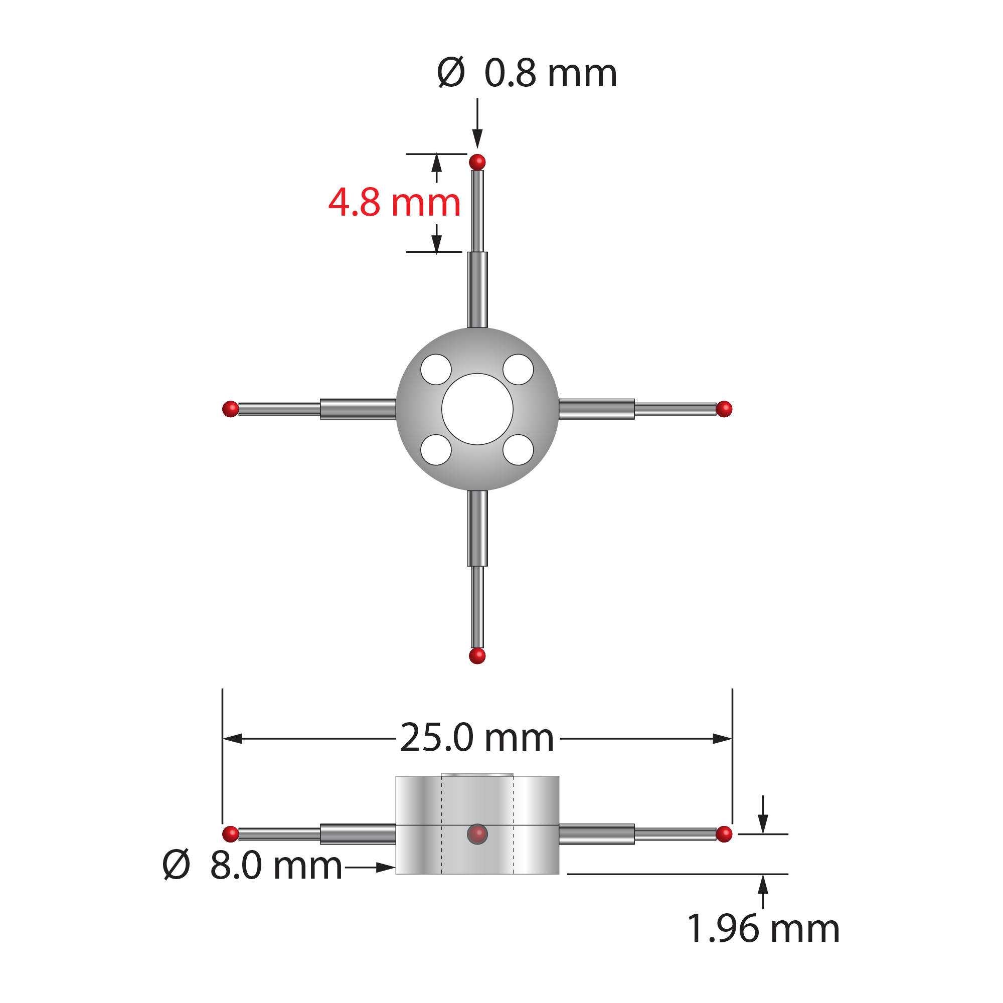 XXT-STR-0825 star stylus with 0.8mm ruby balls, carbide stems, and titanium hub by Q-Mark Manufacturing, Inc.